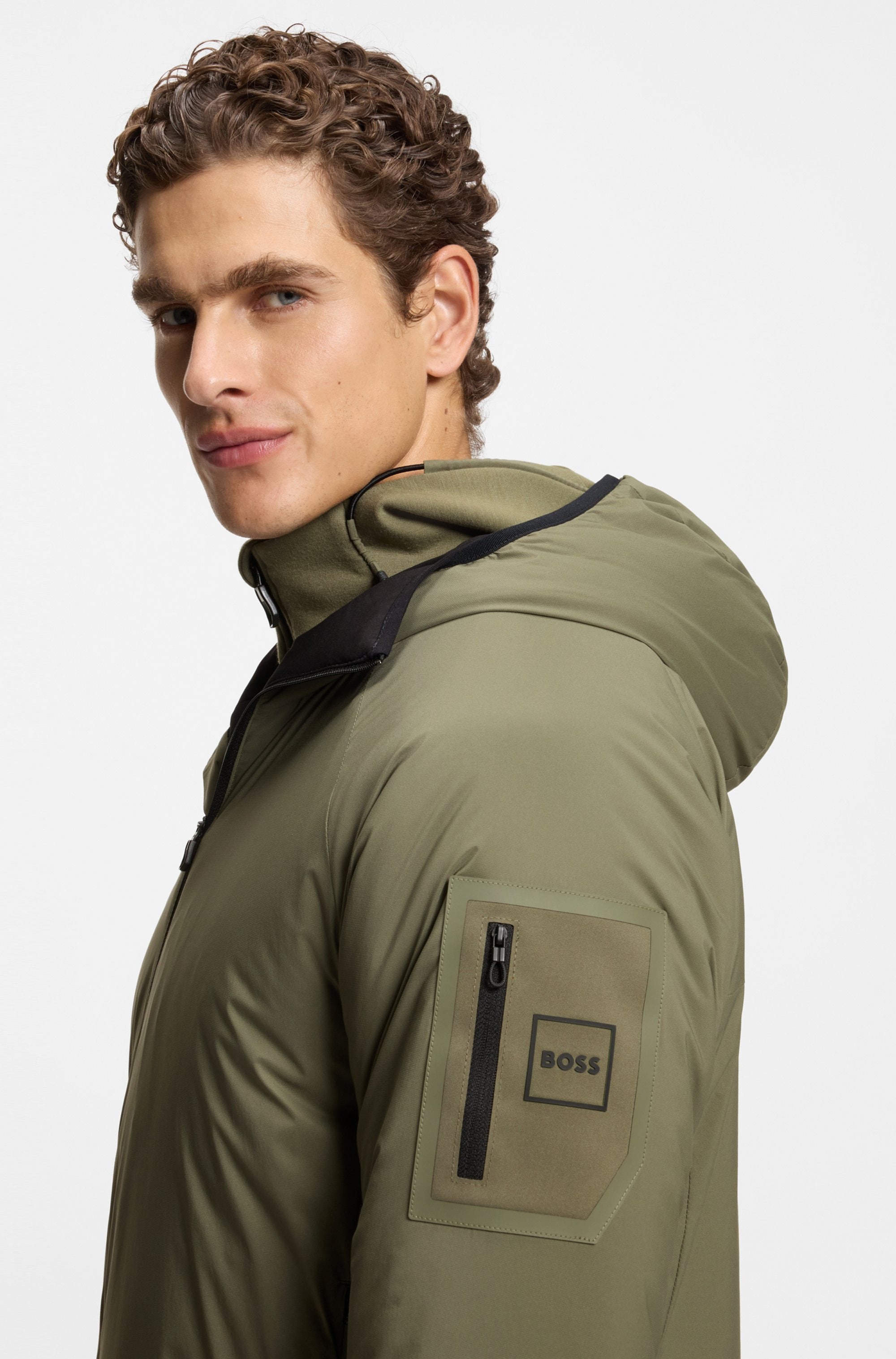 BOSS GREEN Outdoorjacke mit Kapuze leicht wattiert, 4-Wege-Stretch-Qualität, Regular Fit