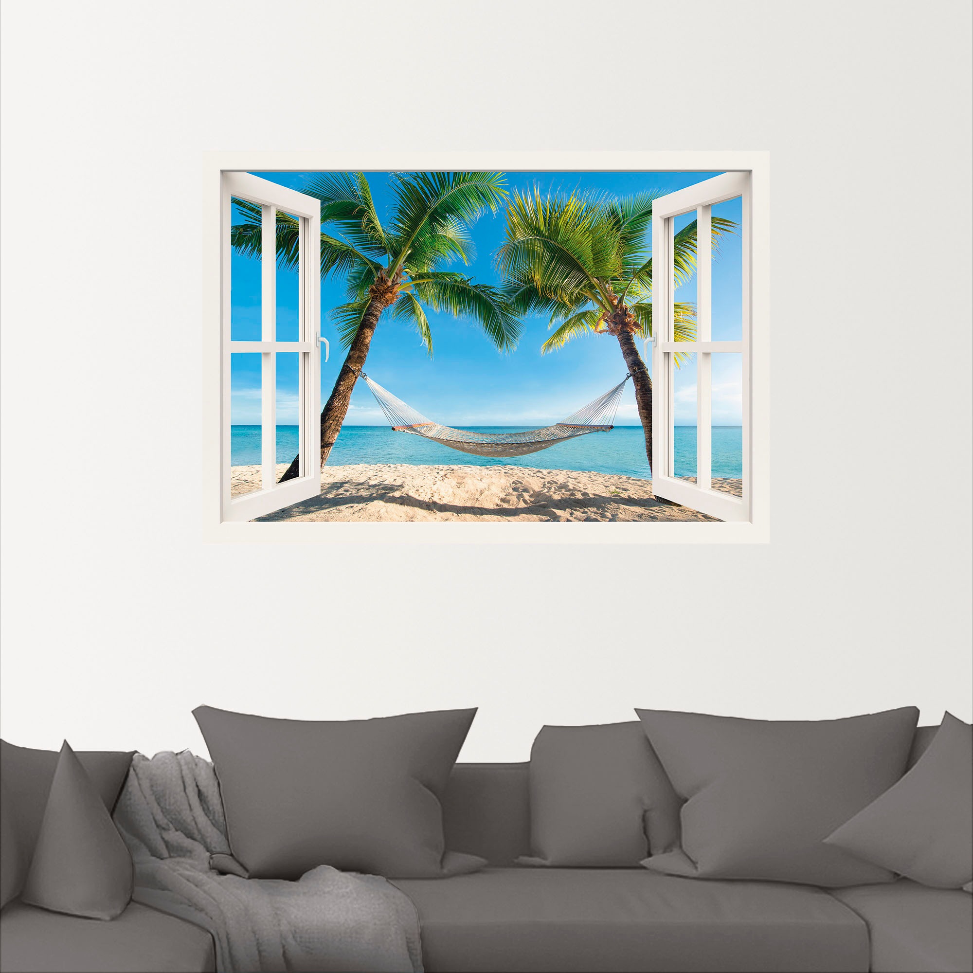 Artland Wandbild »Fensterblick Palmenstrand Karibik«, Amerika, (1 St.), als Alubild, Outdoorbild, Leinwandbild, Poster, Wandaufkleber