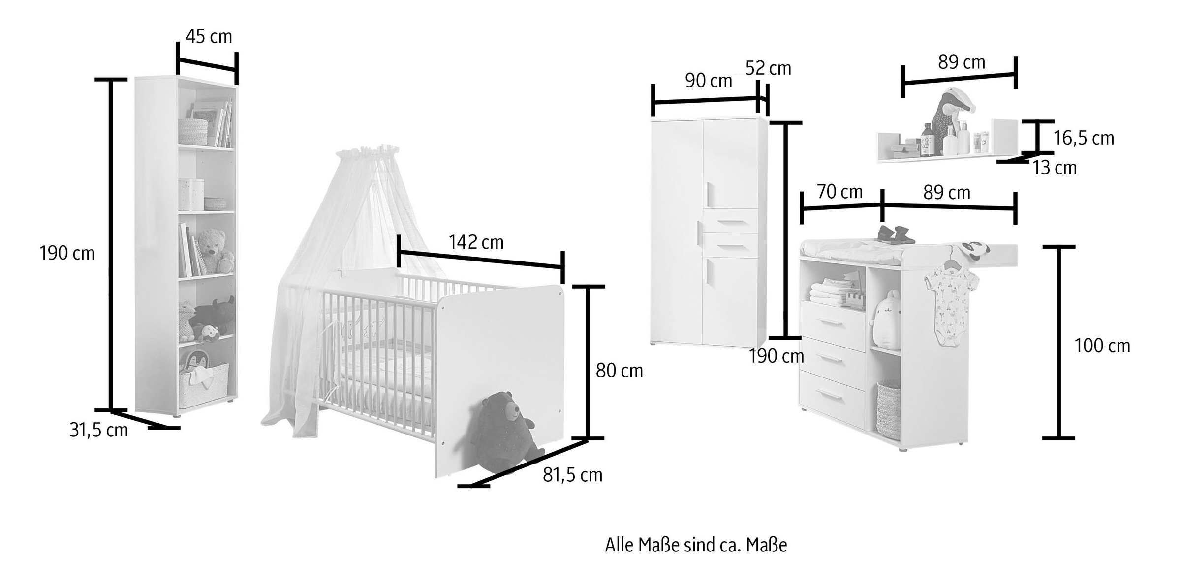 BMG Möbel Babyzimmer-Komplettset »Lea«, (Set, 5 tlg., Bett, Wickelkommode, Schrank, Standregal, Wandboard), Bett + Wickelkommode + 3-trg. Schrank + Standregal + Wandboard