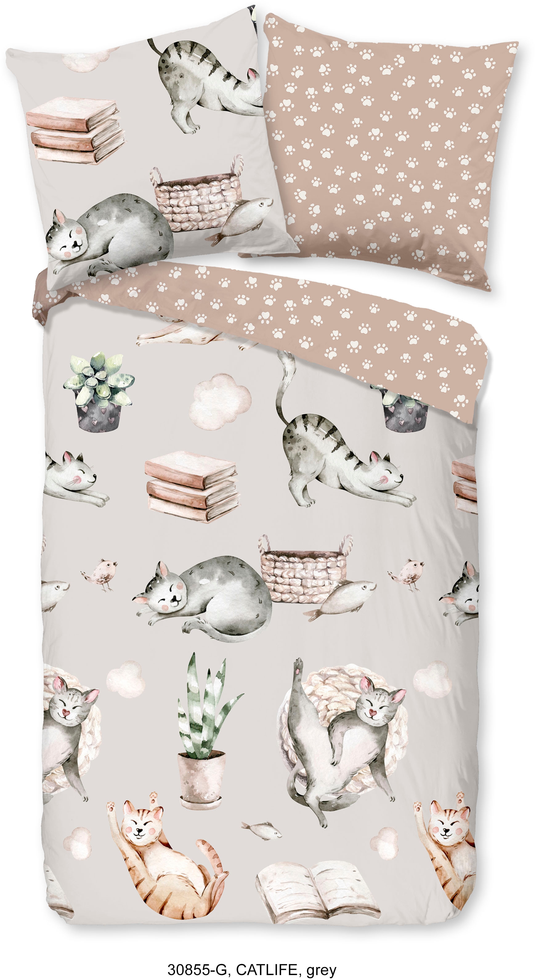 good morning Kinderbettwäsche »Catlife«, Baumwolle, 135x200, Reißverschluss, Wendeoptik, Kind, Katze, Grau