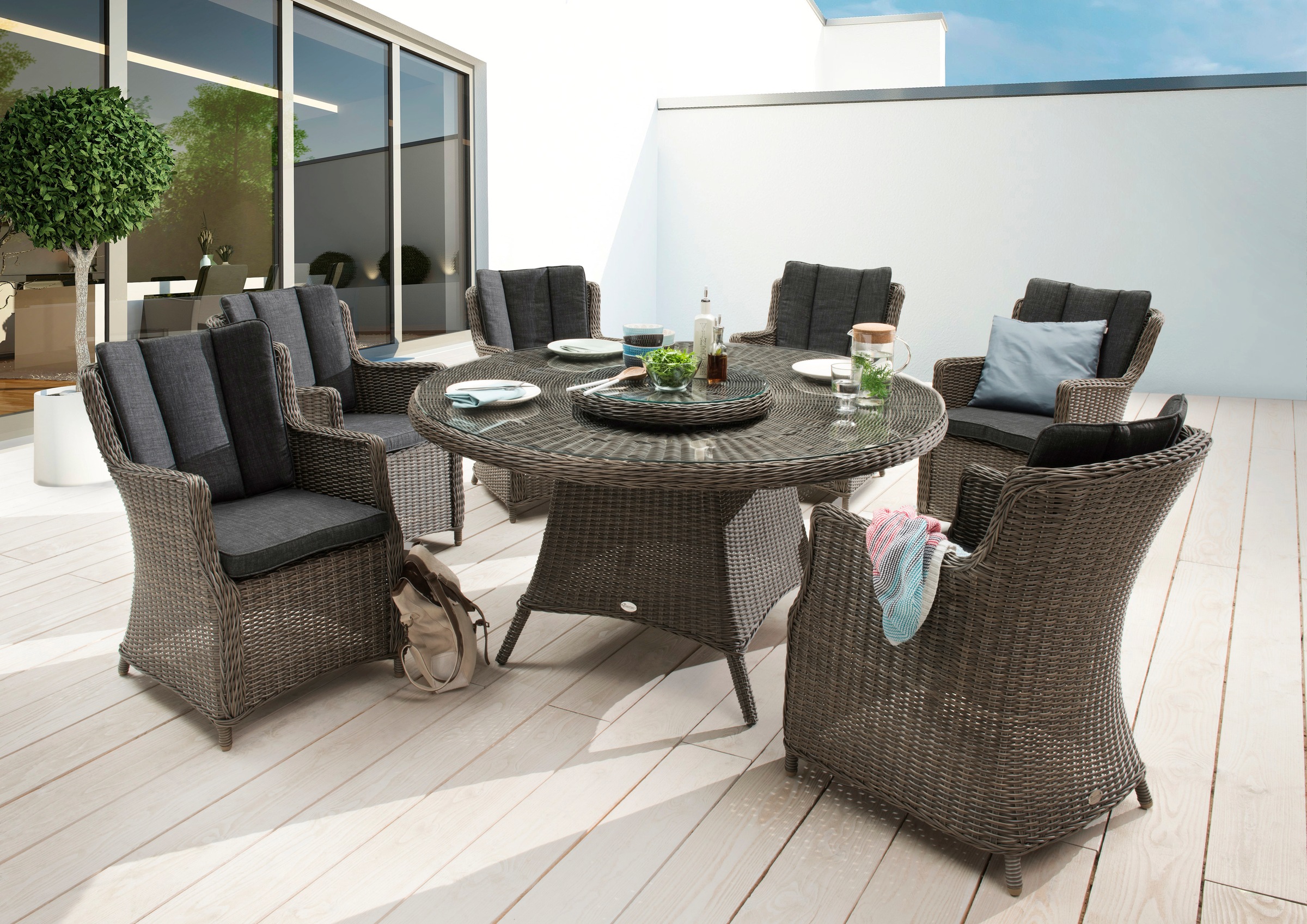 Destiny Garten-Essgruppe »Luna«, (7 tlg.), Tisch Durchmesser 150 cm, UV-beständiges Polyrattan