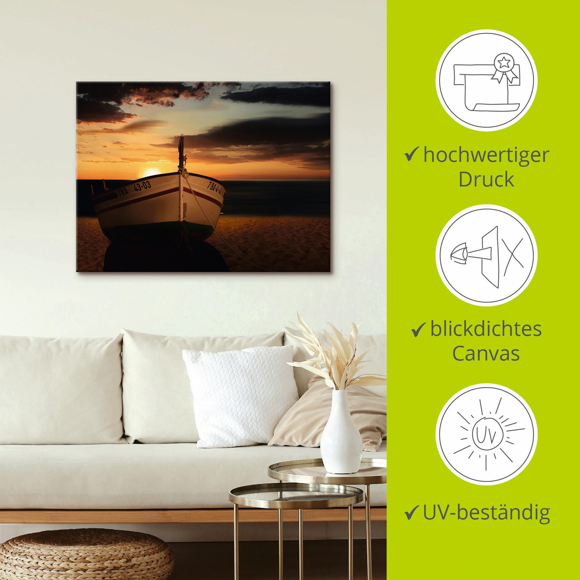 Artland Wandbild »Das Boot im Sonnenuntergang«, Küste, (1 St.), als Leinwandbild, Wandaufkleber in verschied. Größen