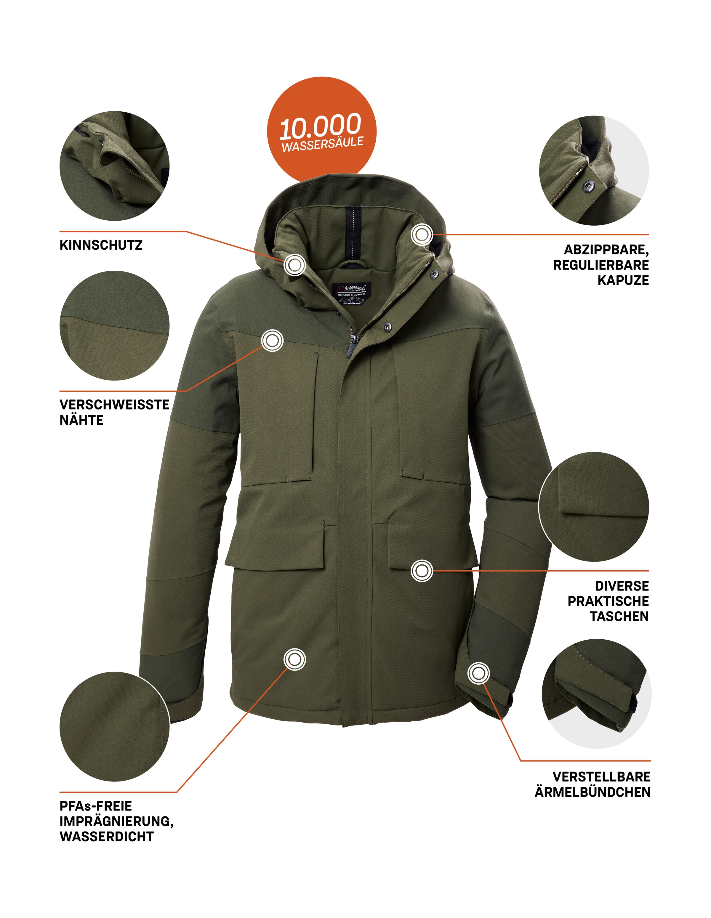 Killtec Funktionsjacke »KOW 81 MN JCKT«, Wasserdichte Herrenjacke mit abnehmbarer Kapuze und vielen Taschen