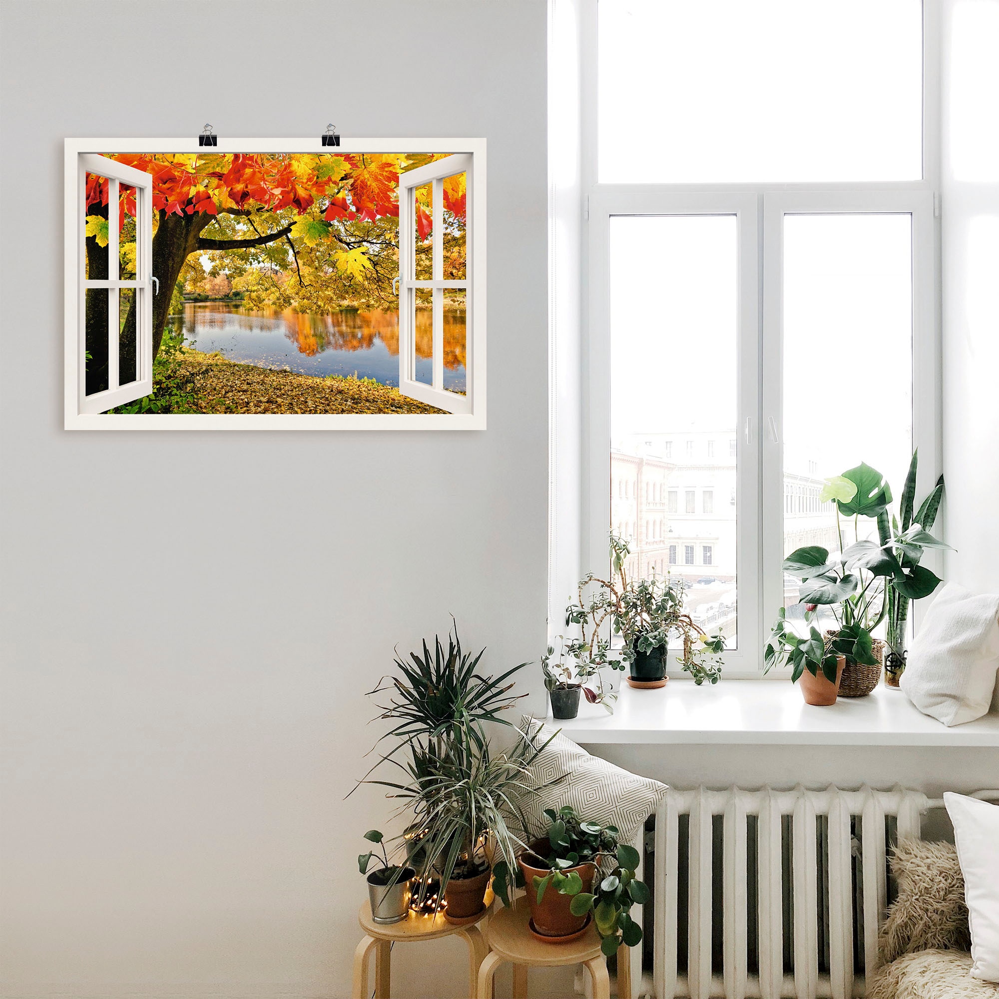 Artland Poster »Fensterblick Herbsttag an einem See«, Gewässer, (1 St.), als Alubild, Leinwandbild, Wandaufkleber oder Poster in versch. Größen