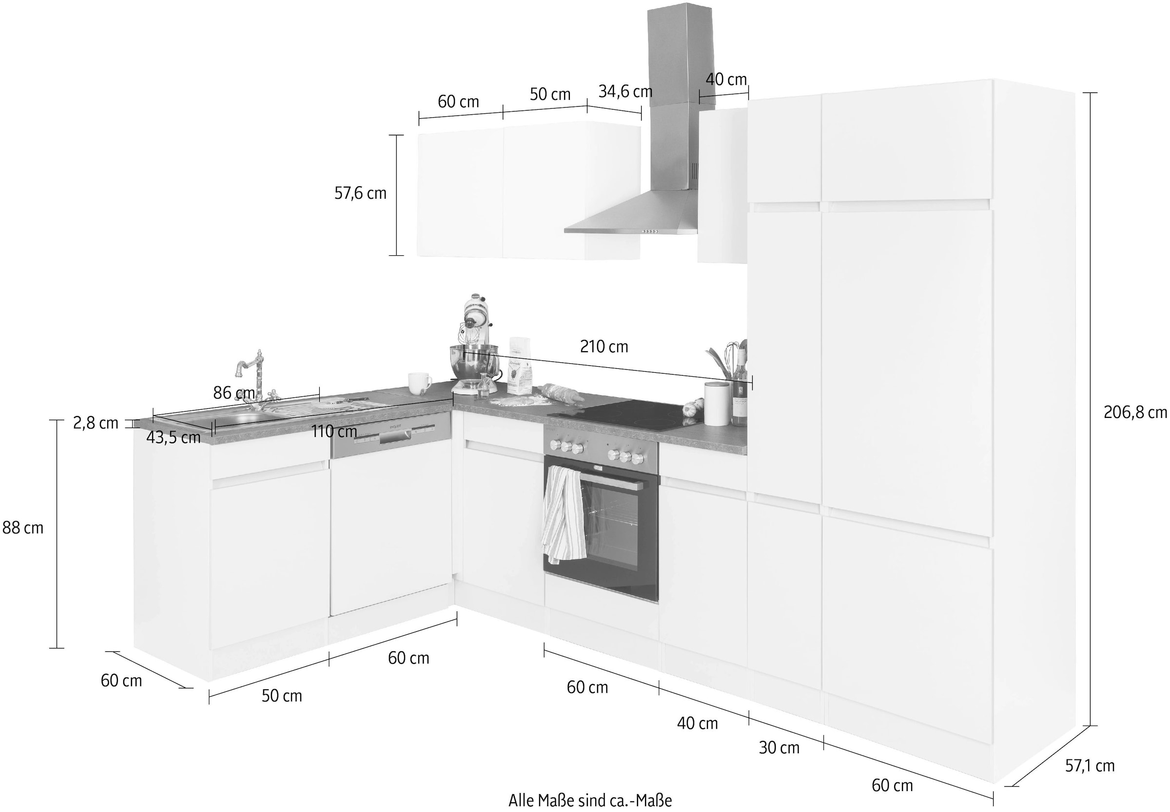 OPTIFIT Winkelküche »Roth« Stellmaße 300x175 cm, wahlweise mit E-Geräten, mit Apothekerschrank