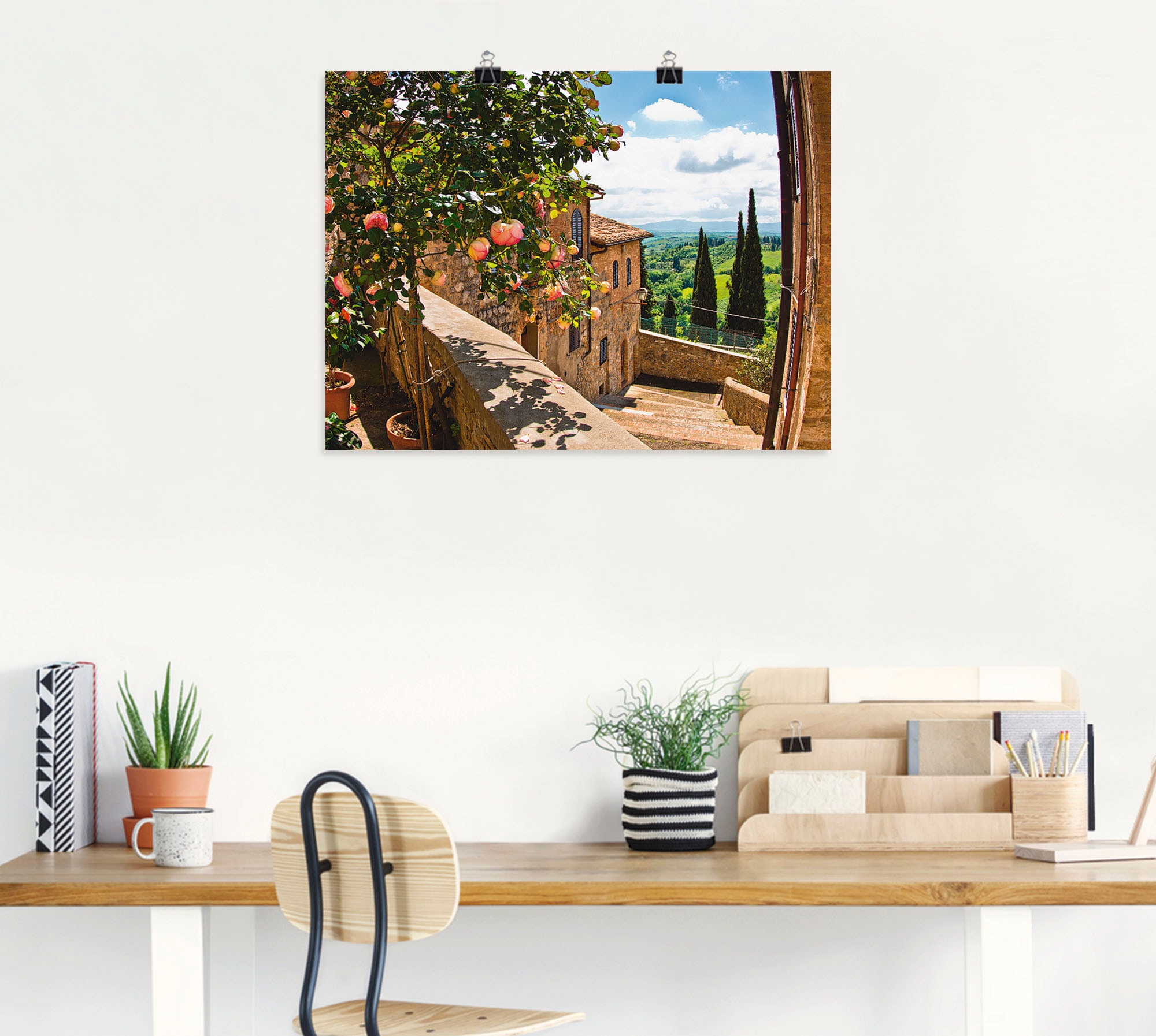Artland Wandbild »Rosen auf Balkon Toskanalandschaft« Garten 1 Stk. tlg. als Alubild, Outdoorbild, Leinwandbild, Poster, Wandaufkleber