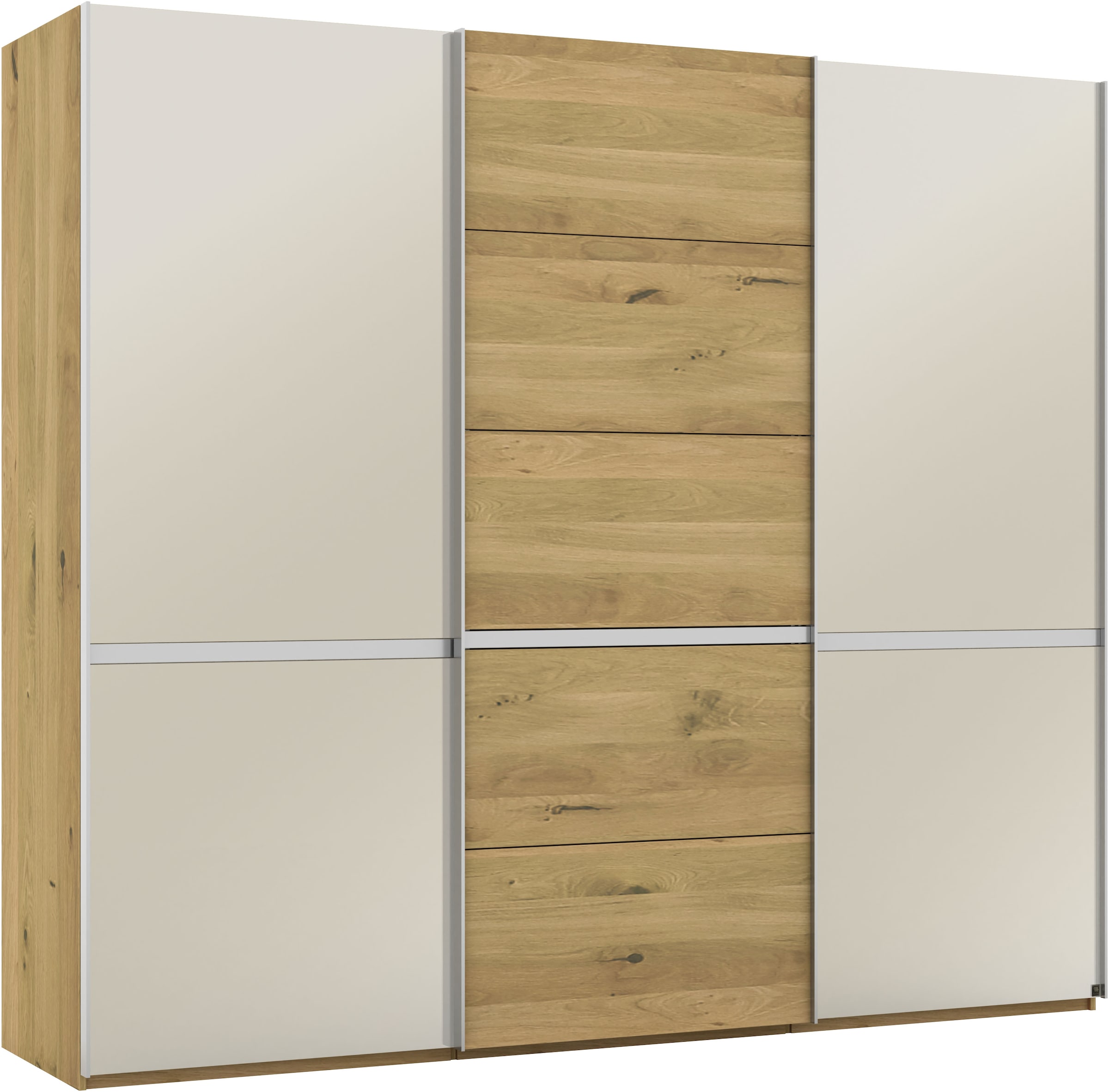 Musterring Schwebetürenschrank »Savona, Kleiderschrank, Schrank, Garderobe, mit Schiebetüren«, (Teilmassiv Bianco-Eiche, mit Spiegel oder Glas, MADE IN GERMANY), Türen Bianco-Eiche massiv, Spiegel-/Glastüren, eingelegte Chromleiste