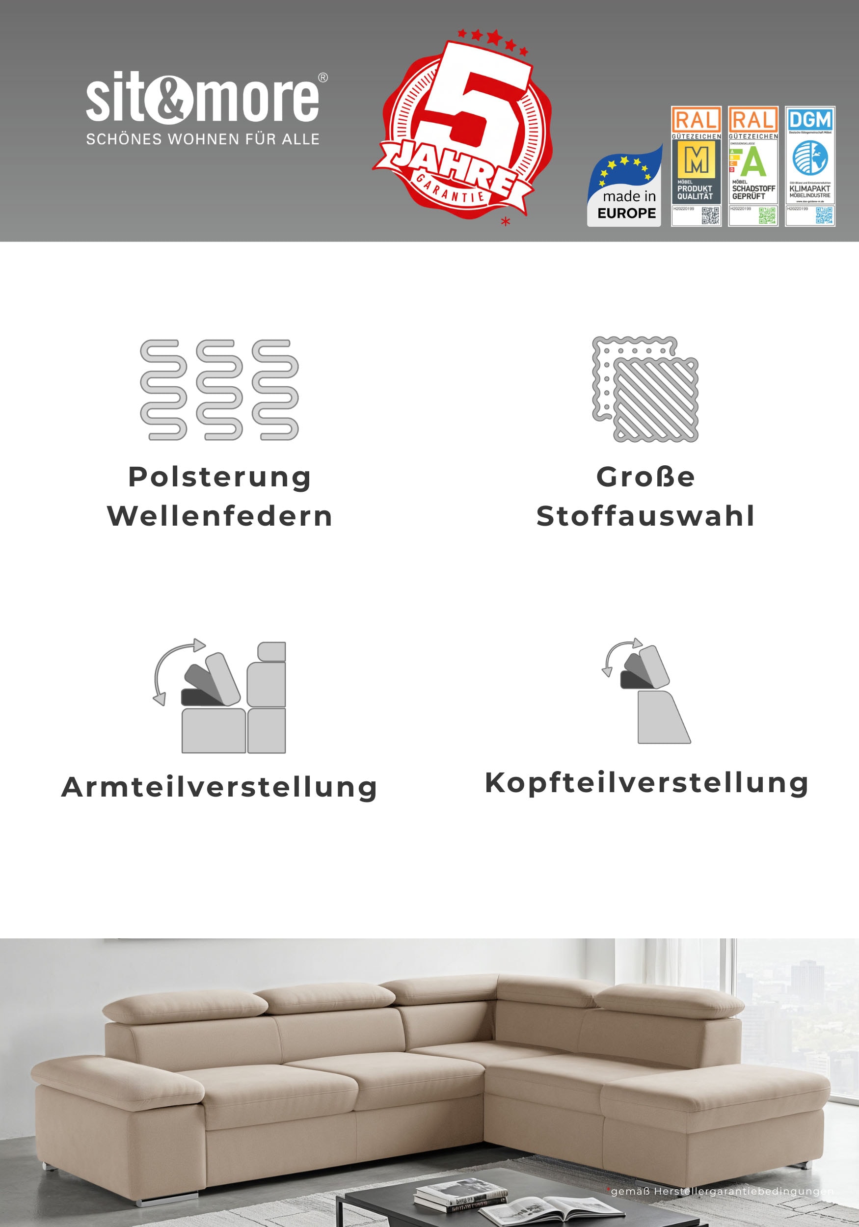 sit&more Ecksofa »Valantine L-Form, B: 286 cm« mit Arm- & Kopfteilverstellung, optional mit Schlaffunktion