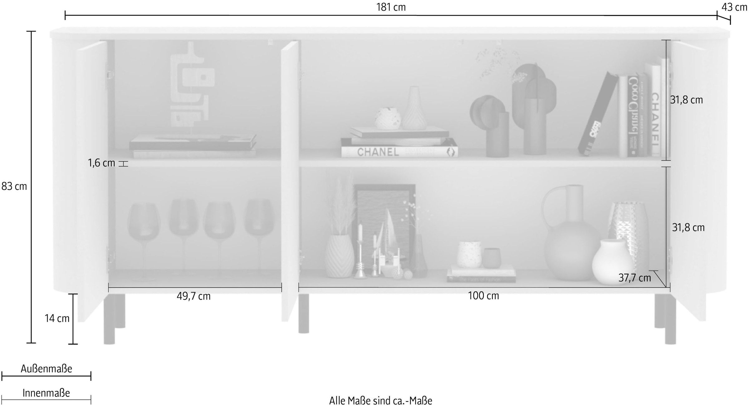 OTTO home Sideboard »Lido, 181 cm breit, 3 Türen, Anrichte, Kommode, Stauraumschrank« Formgebogenes MDF, Stirnseiten mit Rundung, Push-to-open, Metallfüße