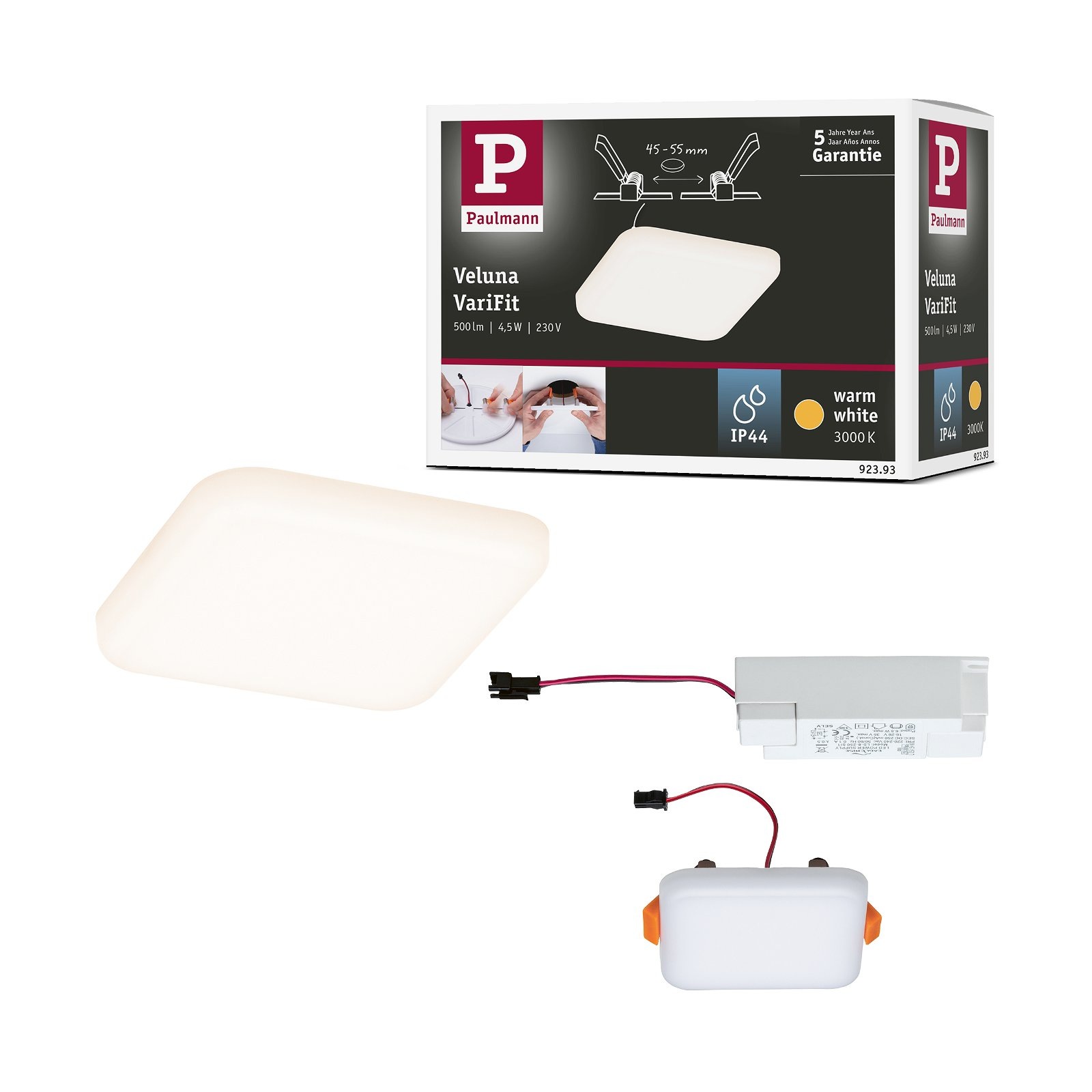 Paulmann LED Einbauleuchte »VariFit Veluna IP44 eckig 75x75mm 4,5W 360lm 3000K Satin«, 1 flammig, Einbaupanel