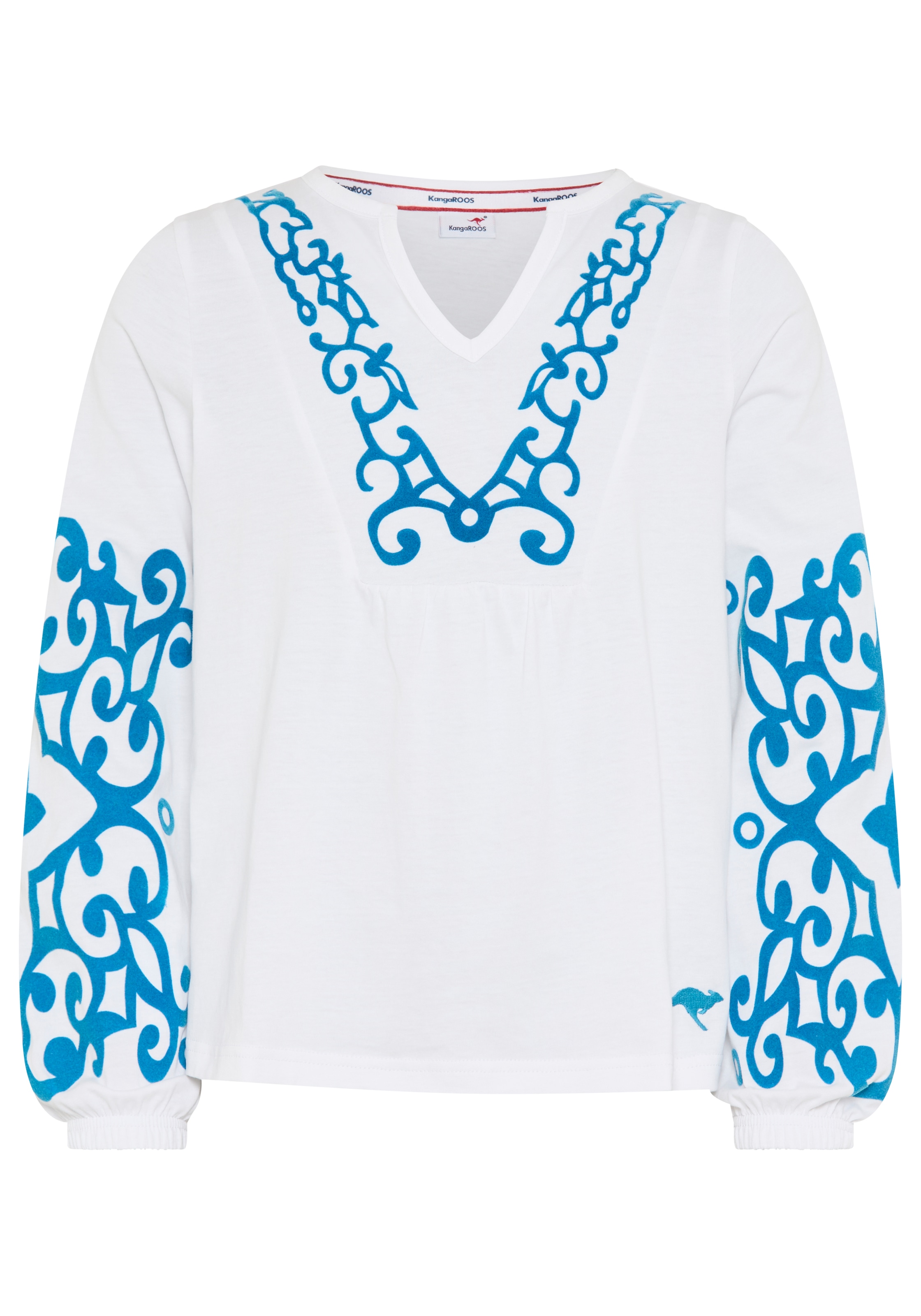 KangaROOS Langarmshirt »Kangaroos Tunika-Shirt mit aufwendigem Druck« mit V-Ausschnitt, Ärmel mit innenliegendem Gummizug, aus Baumwolle