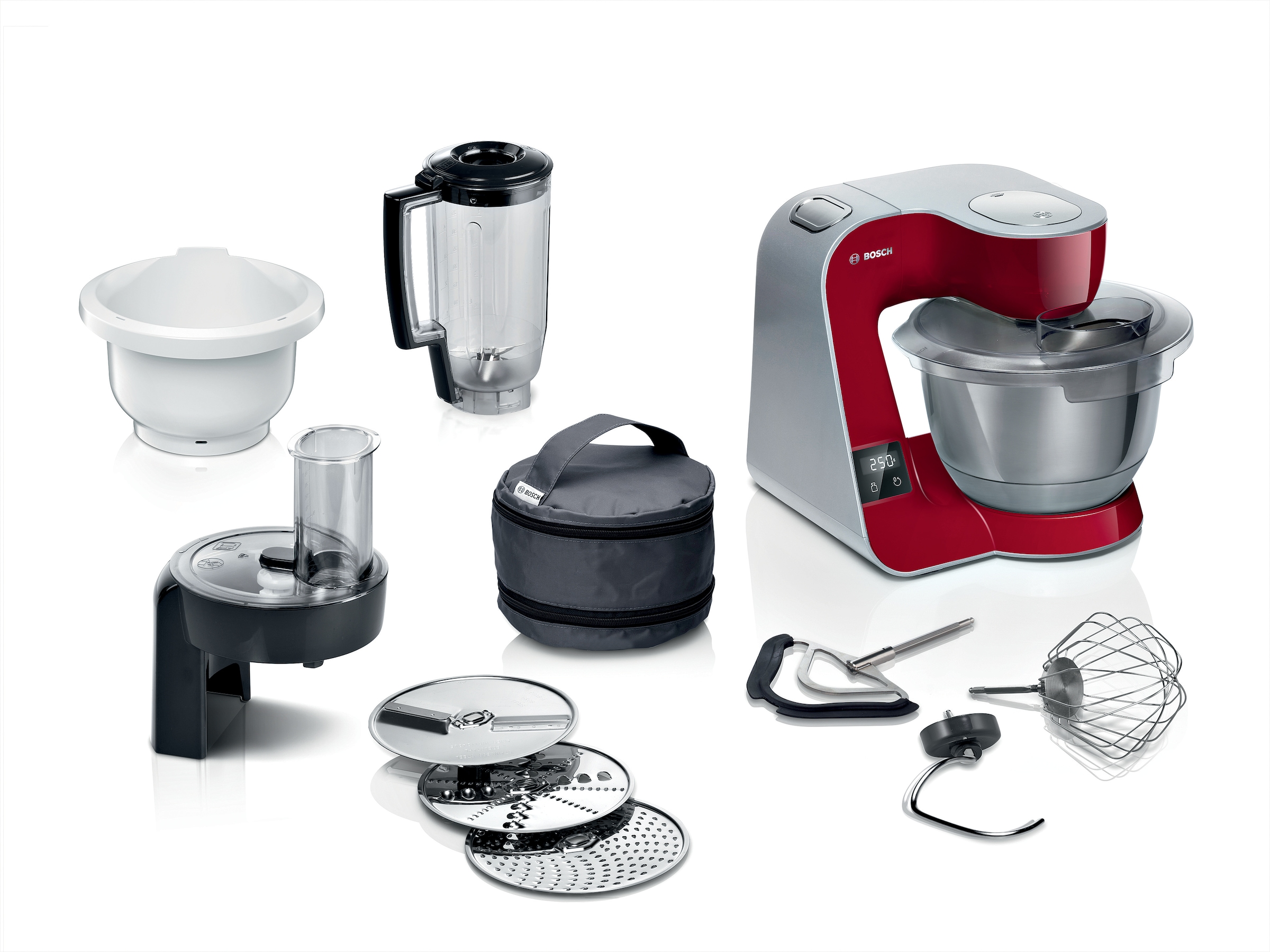 BOSCH Küchenmaschine »Serie 4 MUM5X734, integr. Waage, Durchlaufschnitzler, Mixer, rot«, 2 Schüsseln, 3 Scheiben, Knethaken/Rühr-/Schlagbesen, spülmasch.fest