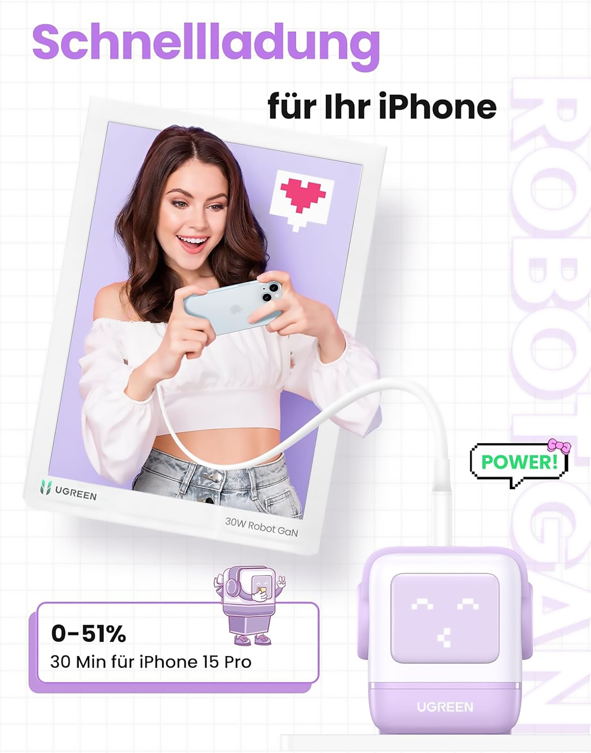UGREEN USB-Ladegerät »UGREEN Uno Robot GaN Tech 65W USB-A+2*USB-C Fast Charger«, Roboter-Form mit LED-Anzeige und magnetischem Fuß