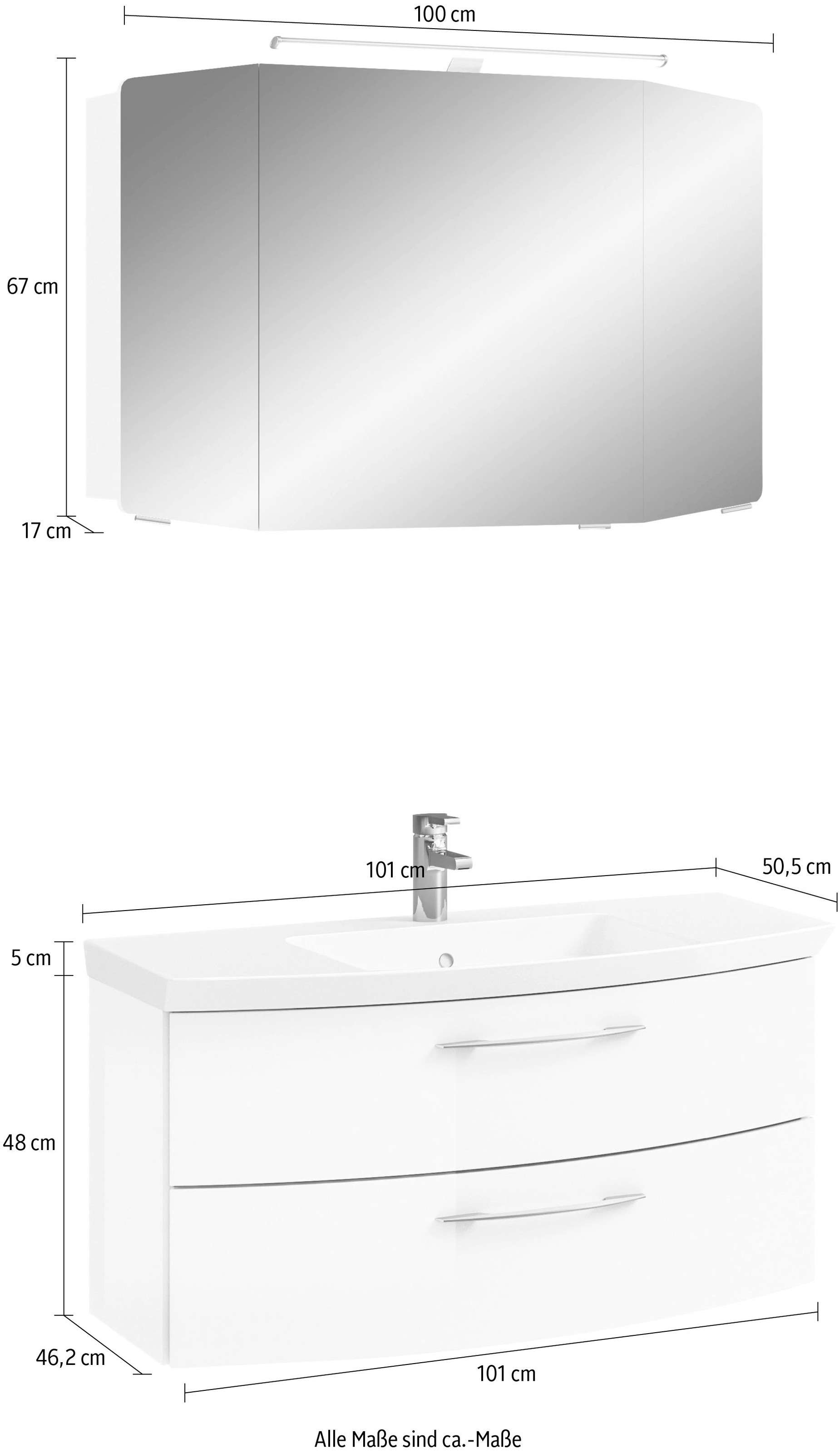 Saphir Badmöbel-Set »Cassca Sprint 2-teilig Mineralmarmor-Waschtisch mit LED-Spiegelschrank«, (2 St.), Waschplatz mit 2 Schubladen, inkl. Dämpfer, 101 cm breit