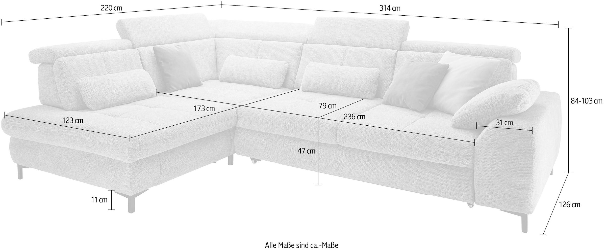 set one by Musterring Ecksofa »SO 3400 Sitzhöhe 47cm oder 49cm, Sitztiefe verstellbar, B/T 317/220 cm«, Kaltschaumpolsterung, Flachgewebe, whlw. mit weiteren Funktionen