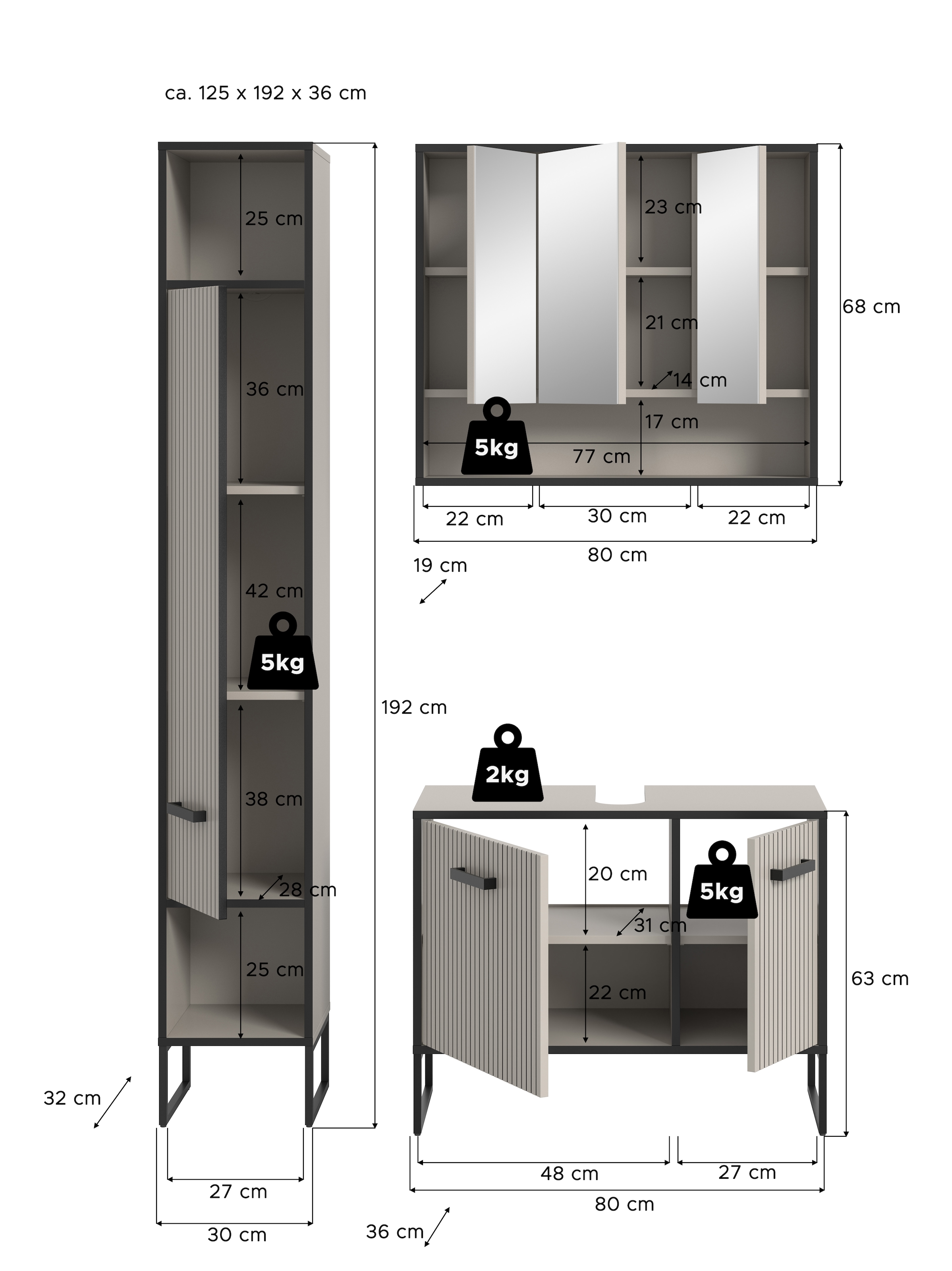 welltime Badmöbel-Set »Locri, Breite 125 cm, Rillenoptik, Metallkufen«, (3 St.), best. aus: Hochschrank, Waschbeckenunterschrank, Spiegelschrank
