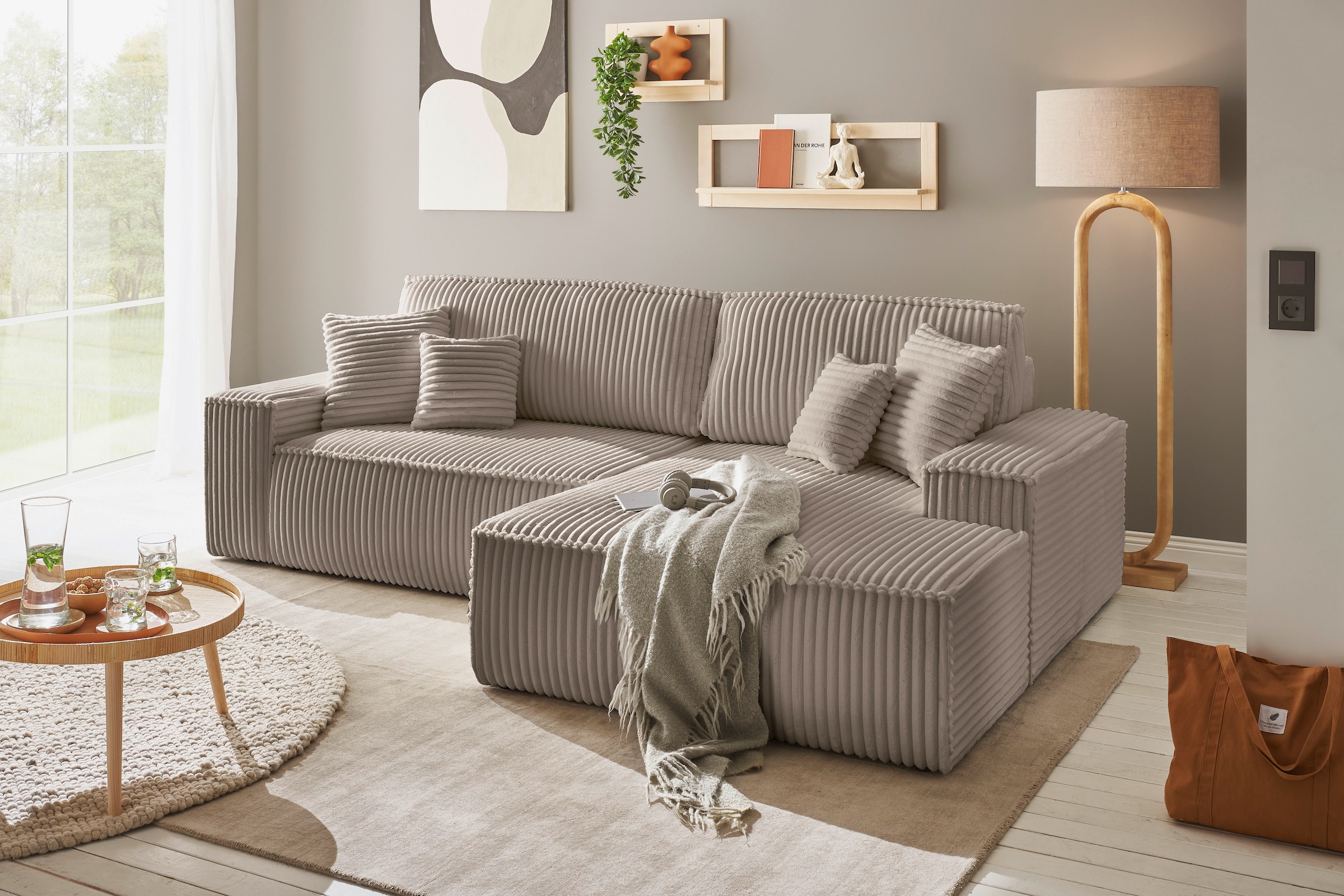 andas Ecksofa »Finnley Schlafsofa 267 cm in Bouclé, Struktur fein u. Cord, L-Form,«, Schlaffunktion m. Bettkasten (136/210 cm), Bouclé, Struktur und Cord