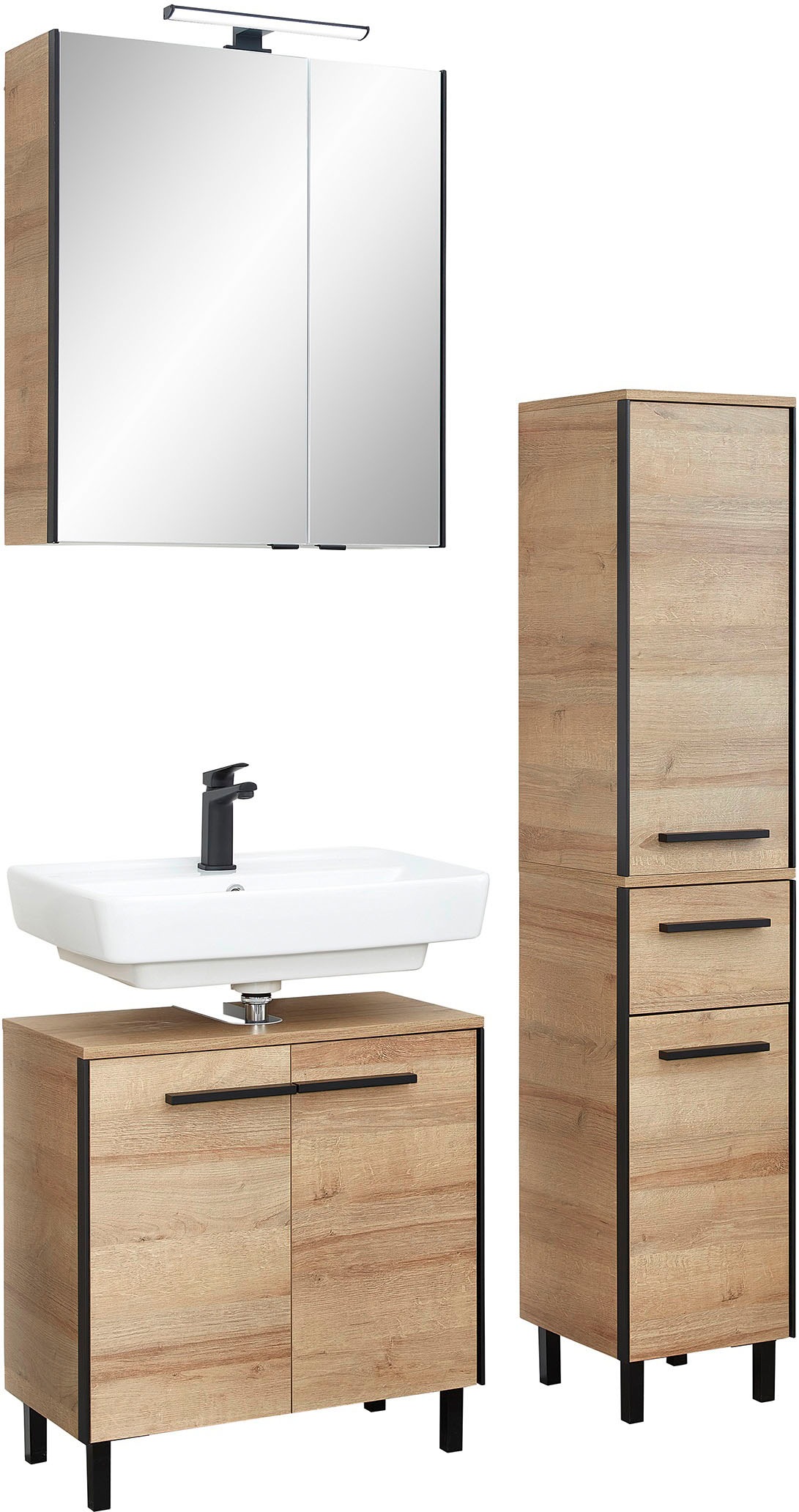 Saphir Badmöbel-Set »Quickset 395 3-teilig, Waschbeckenunterschrank mit LED-Spiegelschrank«, (4 St.), Midischrank, inkl. Türdämpfer, 6 Türen, 1 Schublade, Bad-Set