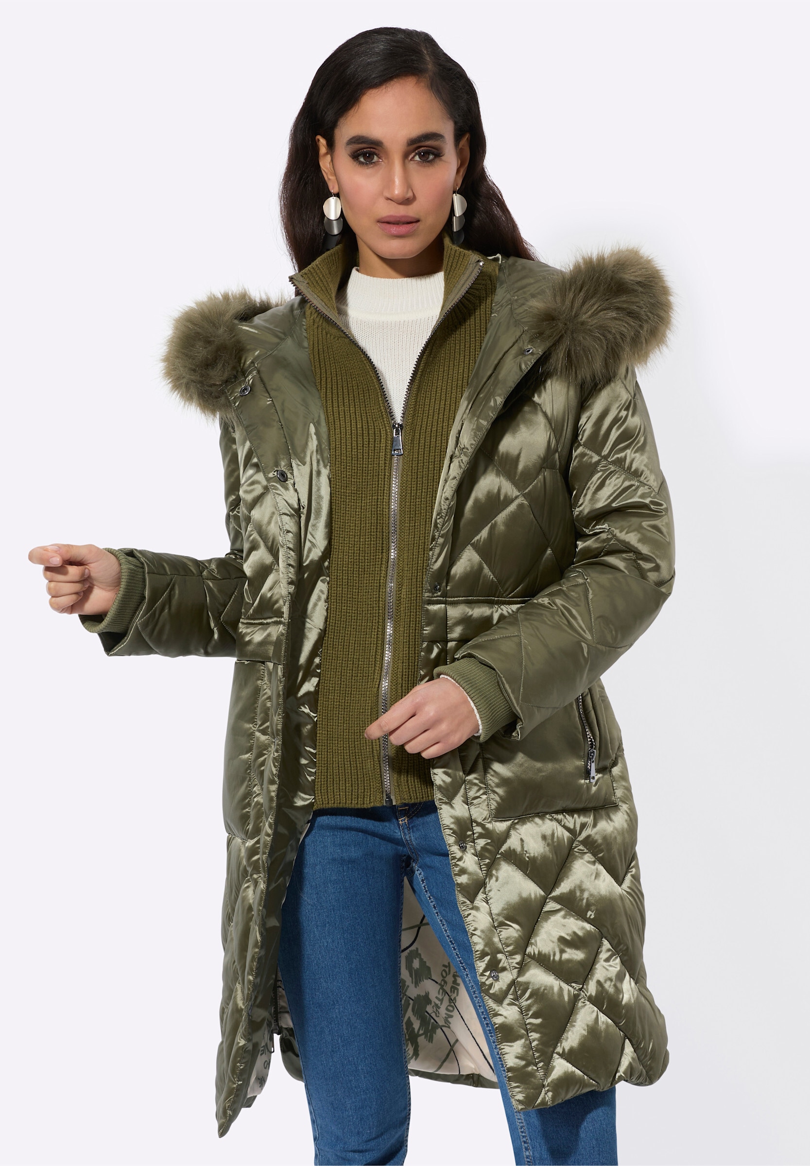 creation L Steppjacke »Steppmantel Steppmantel mit Strickwesten-Einsatz« Abnehmbare Kapuze