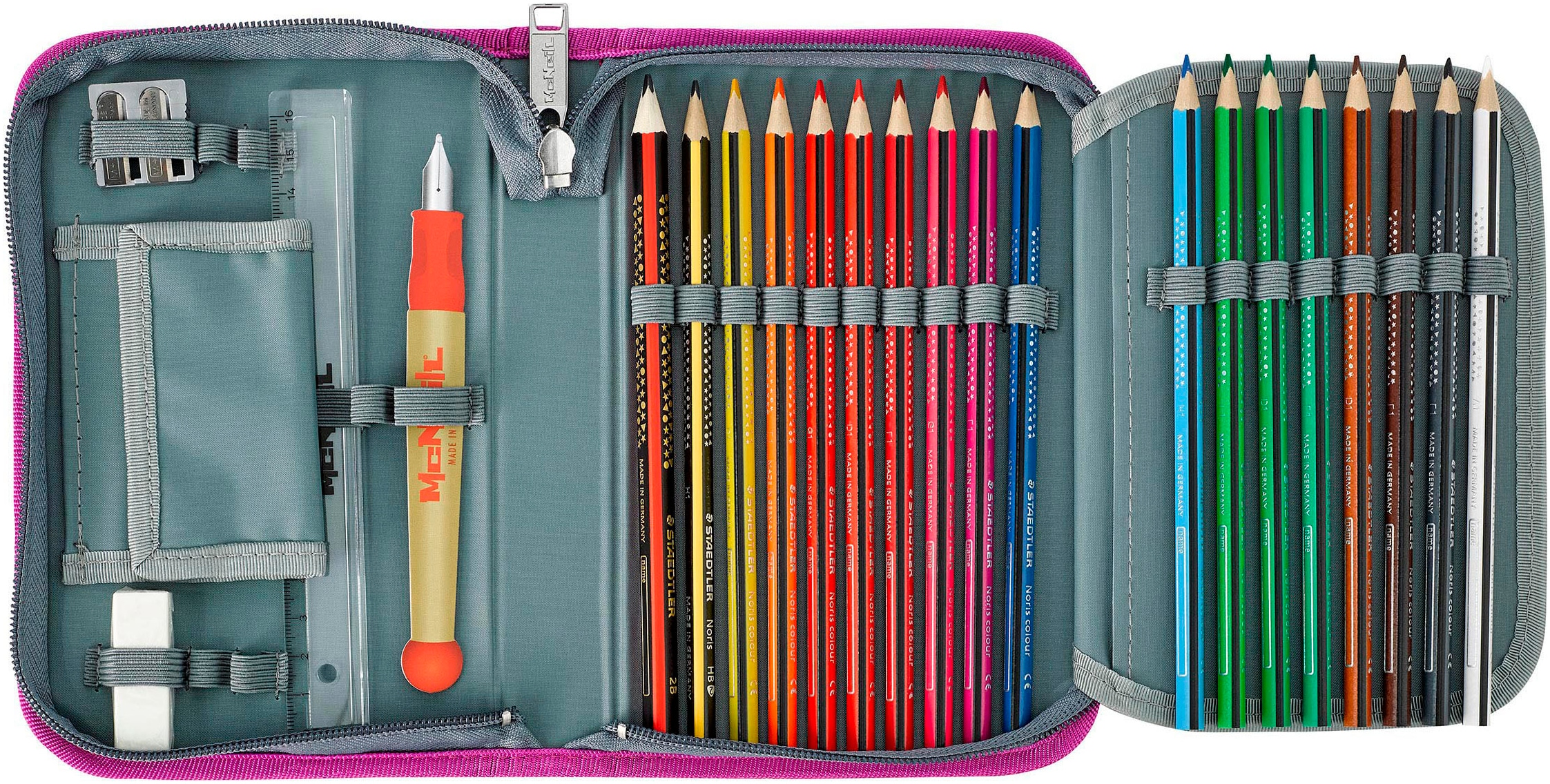 McNeill Schulranzen »Tenero, Ruby«, reflektierende Streifen auf den Schultergurten-retroreflektierende Flächen, inkl. Federmäppchen, Turnbeutel, Schlamperrolle & Motivmagnet