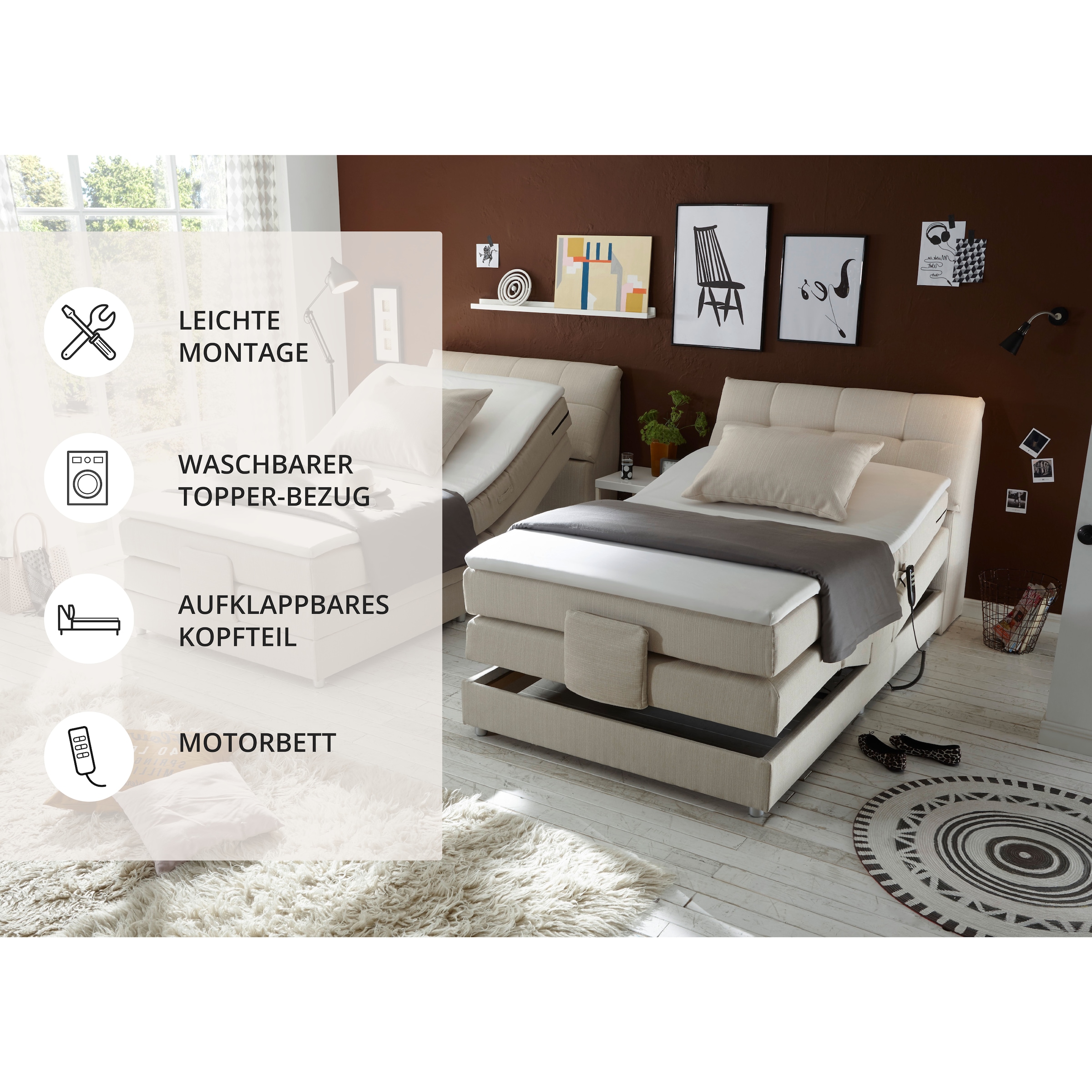 ED EXCITING DESIGN Boxspringbett »Carpino wahlweise in den Breiten 120cm oder 180cm erhältlich« inkl. Motor, Stauraum im Kopfteil und Topper