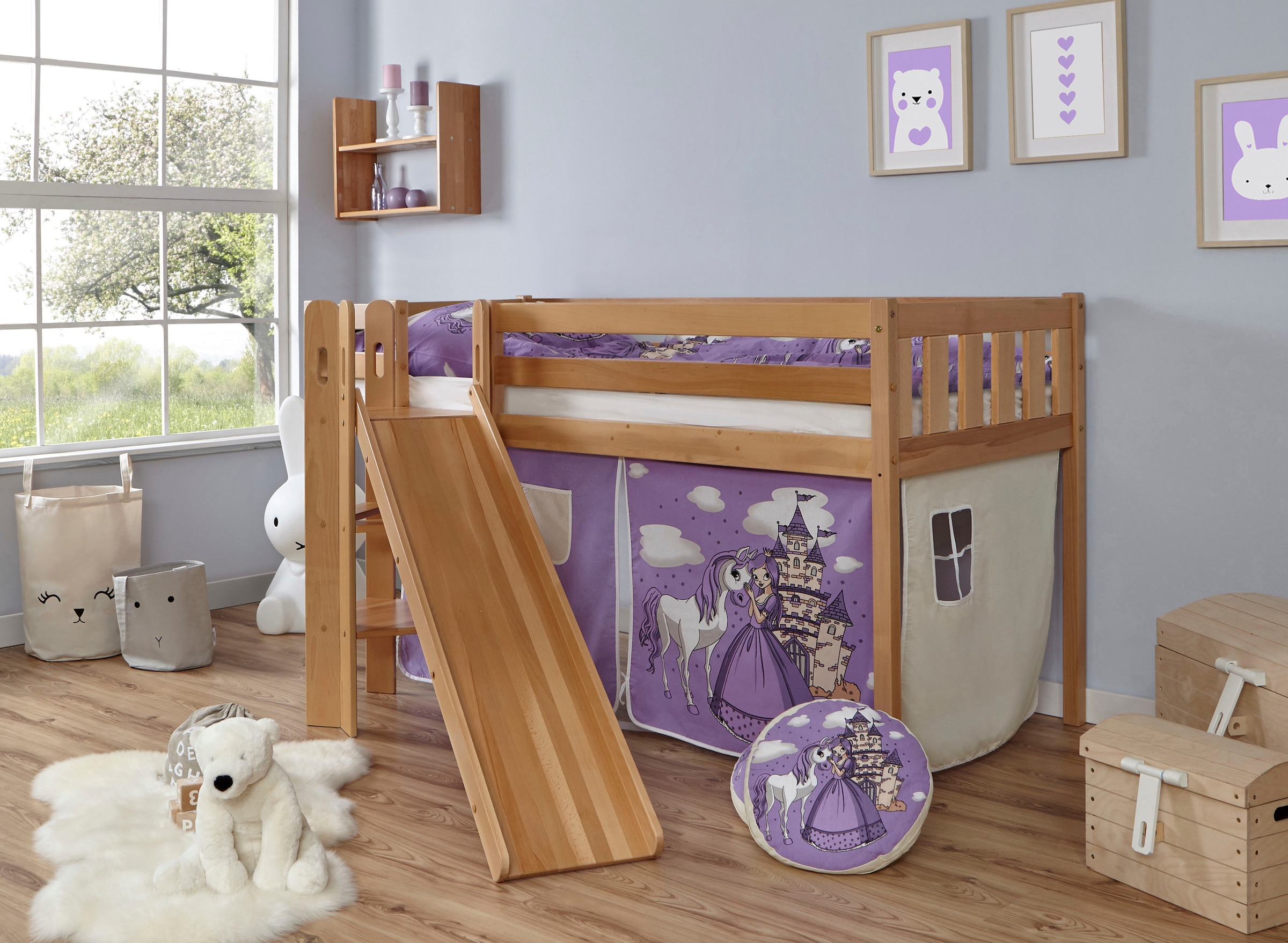 Ticaa Hochbett »Ekki«, mit Rollrost und Textil-Set wahlweise mit Matratze, Buche