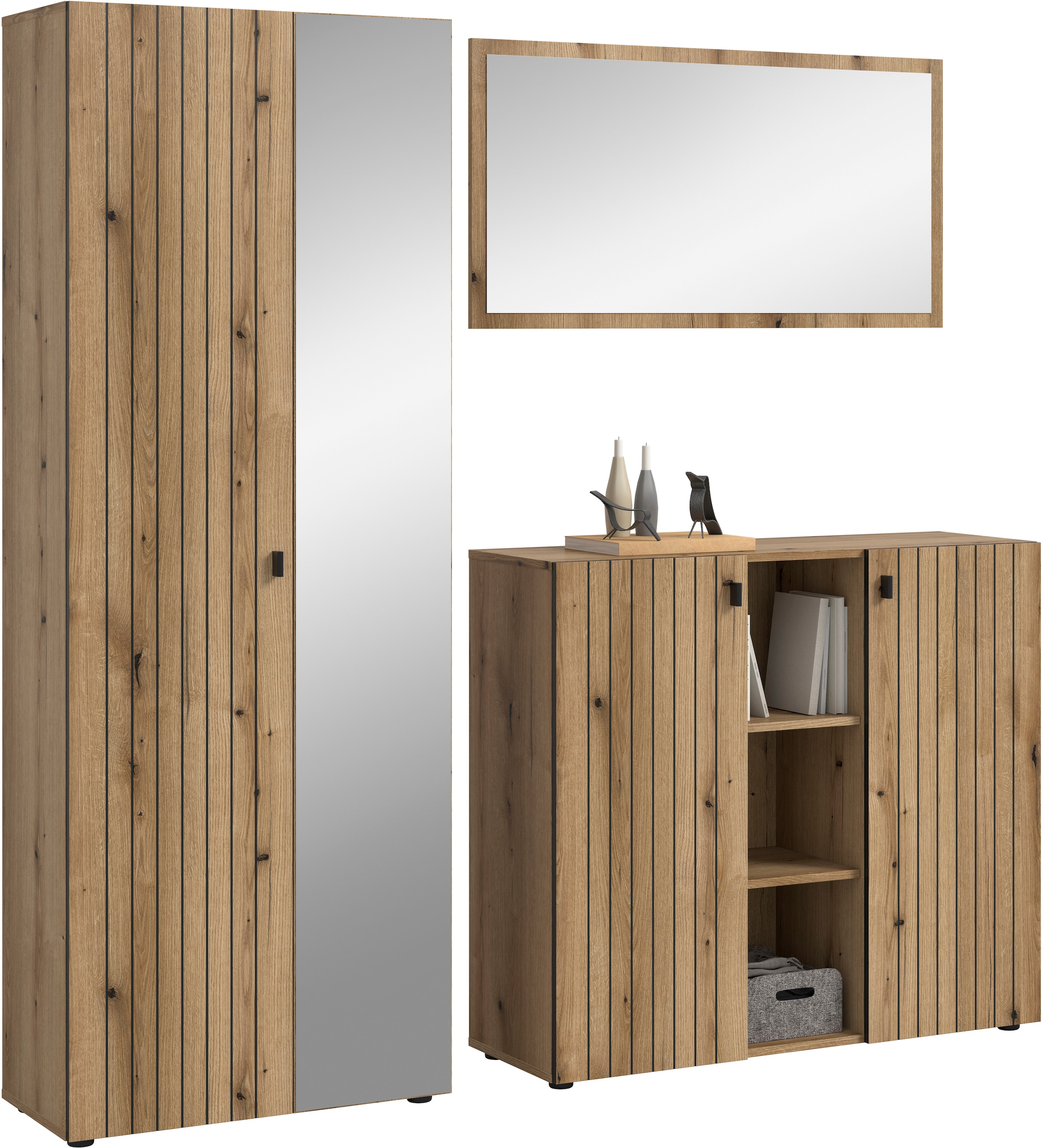 Home affaire Garderoben-Set »TATIO, 3-tlg. Garderobenkombination, Breite: 191 cm, Rillenfräsung« Set, Set, best. aus: 1 Spiegel, 1 Garderobenschrank, 1 Schuhkommode, 3 Stk. tlg.