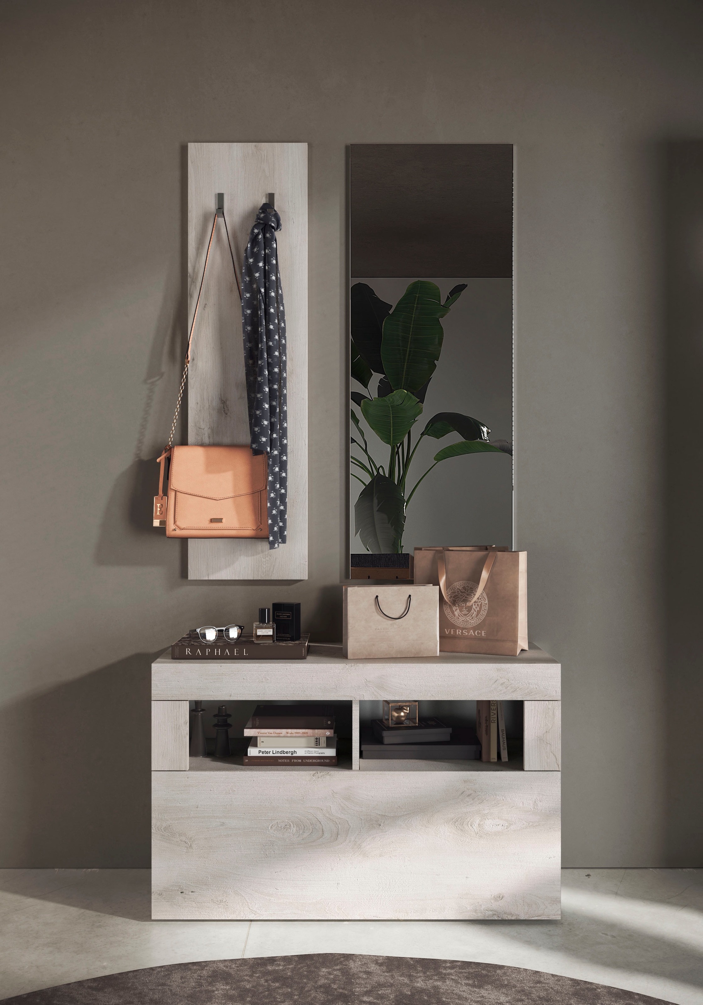 INOSIGN Garderoben-Set »Basic 3tlg. Breite 91 cm, Höhe 187 cm, Wandgarderobe«, (3 St.), (Schuhbank, Garderobenpaneel, Spiegel), Pinie Weiss NB