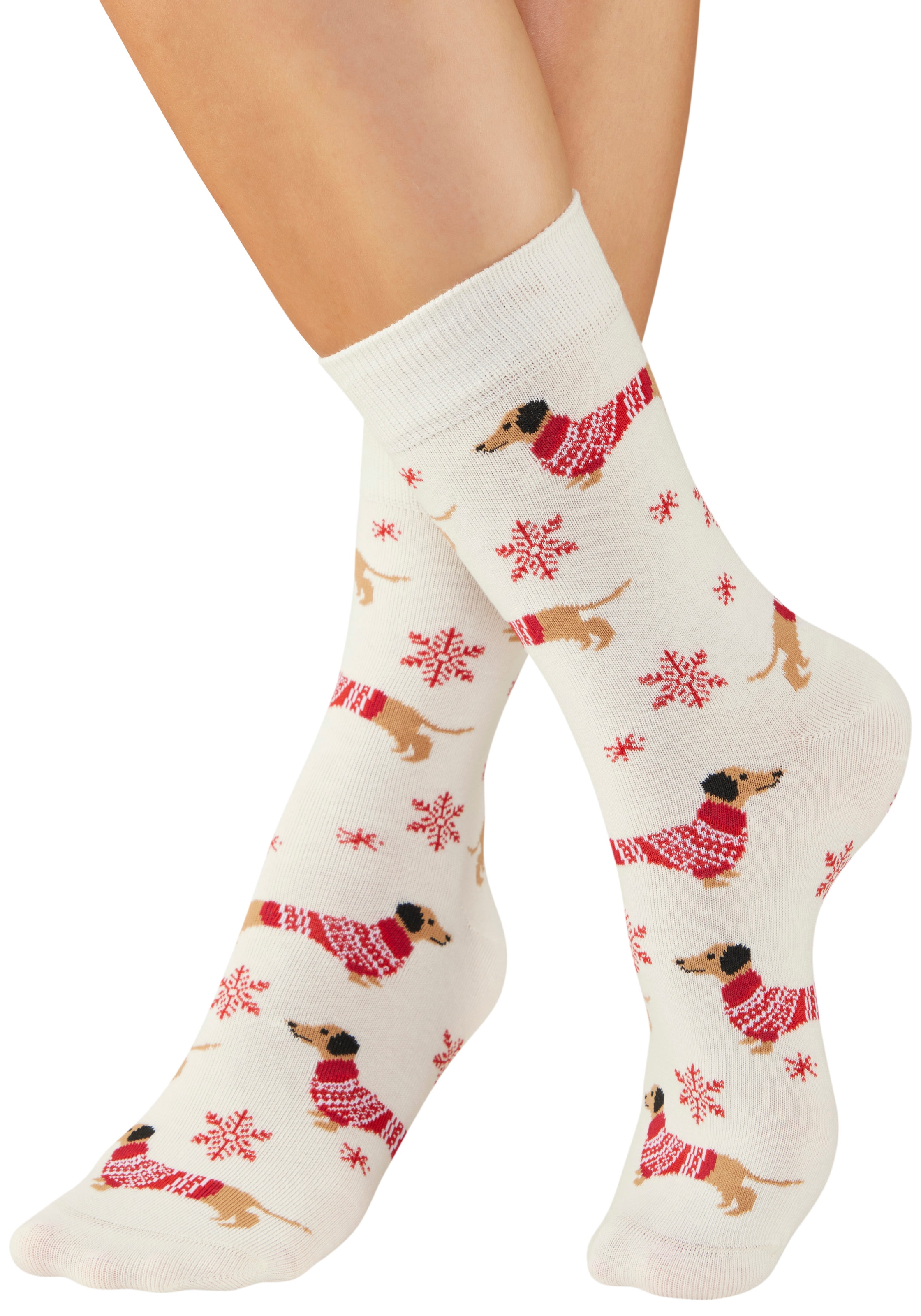 LASCANA Socken, (Packung, 3 Paar), mit weihnachtlichem Dackelmotiv