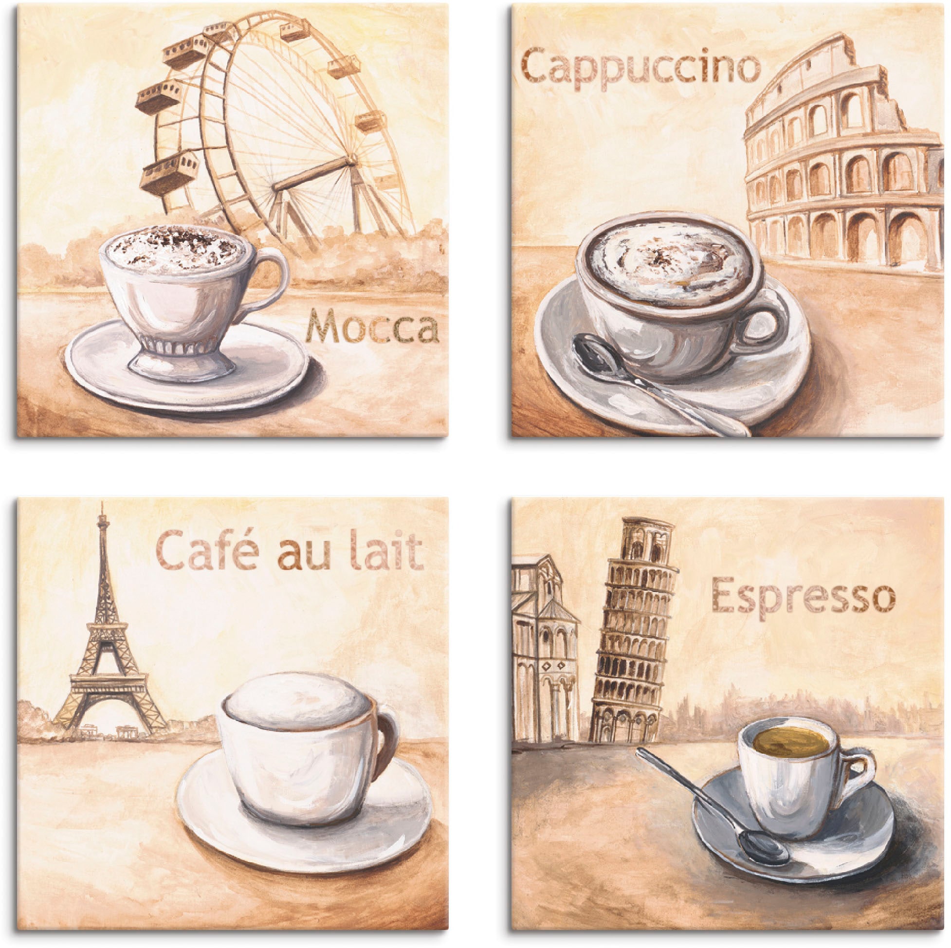 Leinwandbild »Mocca Cappuccino Café au lait Espresso«, Getränke, (4 St.), 4er Set,...
