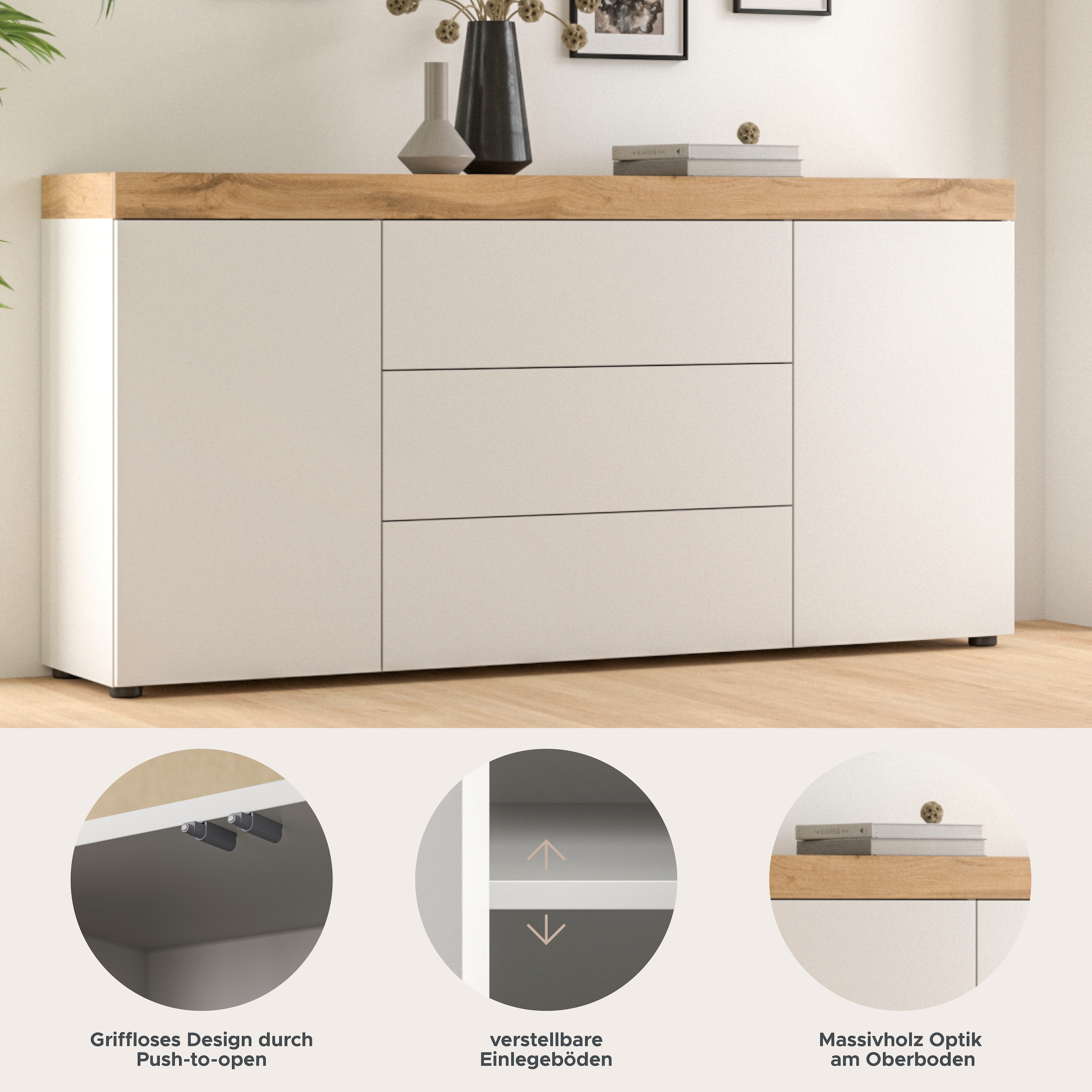 OTTO home Sideboard »MAMBO, TOPSELLER!, Breite 160cm, 2 Türen, 3 Schubkästen, push-2-open« 2 farbige Ausführung, in verschiedenen Farben erhältlich, 1 Stk. tlg. Kommode, Anrichte, Wohnzimmer, Schlafzimmer