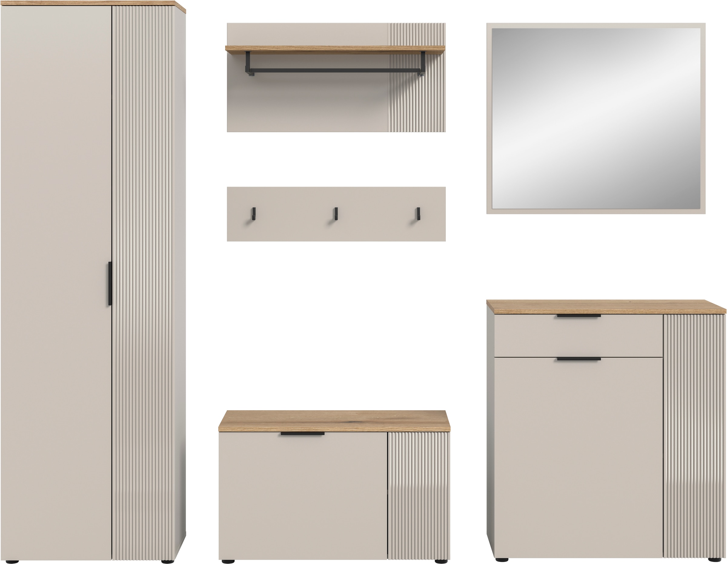 INOSIGN Garderoben-Set »EDIL, Breite 250 cm, 6-teilig, Front mit hochwertiger Längstfräsung« Set, Hochschrank, Sitzbank, Paneel, Hakenleiste, Kommode & Spiegel, 5 Stk. tlg. Garderobenkombination, Kombination, Set, Garderobe, Flurgarderobe