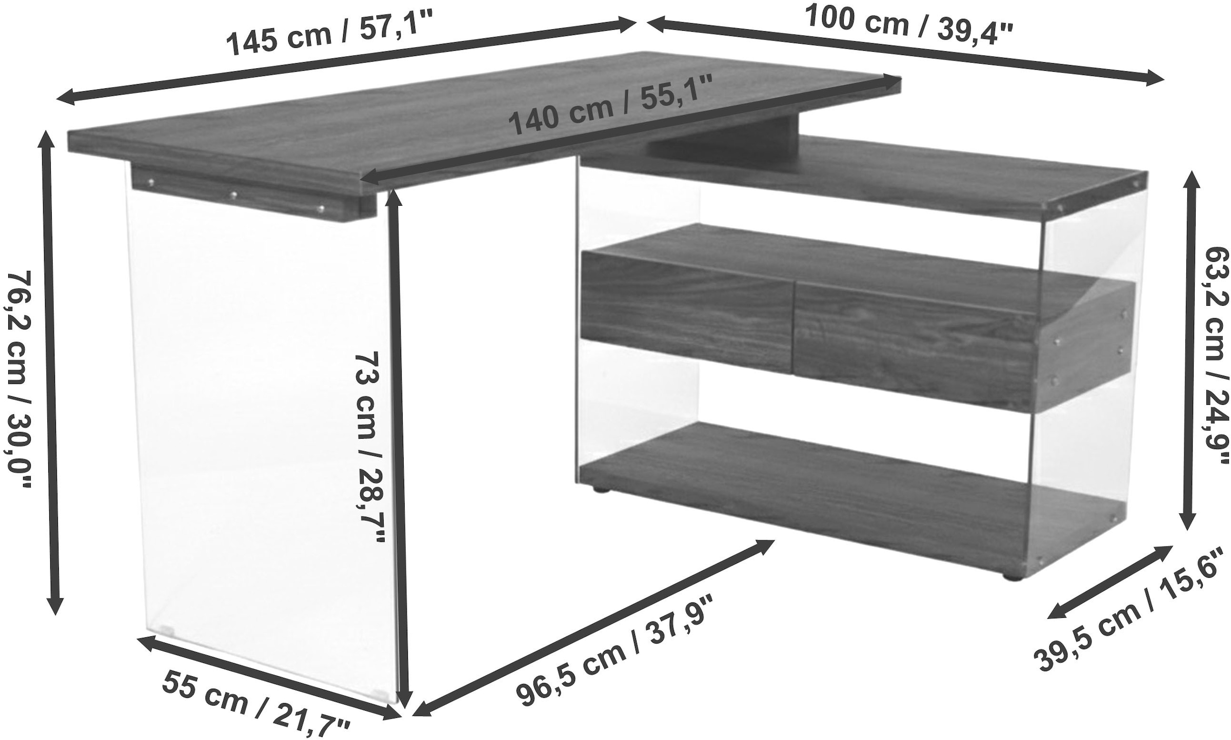 Jahnke Eckschreibtisch »LUX C 15 E« Eckschreibtisch,Glas,wechselseitig montierbar,2 Schubladen,B:145 cm