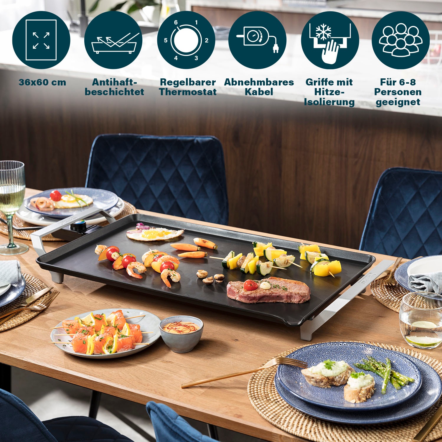 PRINCESS Tischgrill »Table Chef Premium XXL 103120«, 2500 W, Teppanyaki Grillplatte 60x35 cm, inkl. 4x Holzspatel