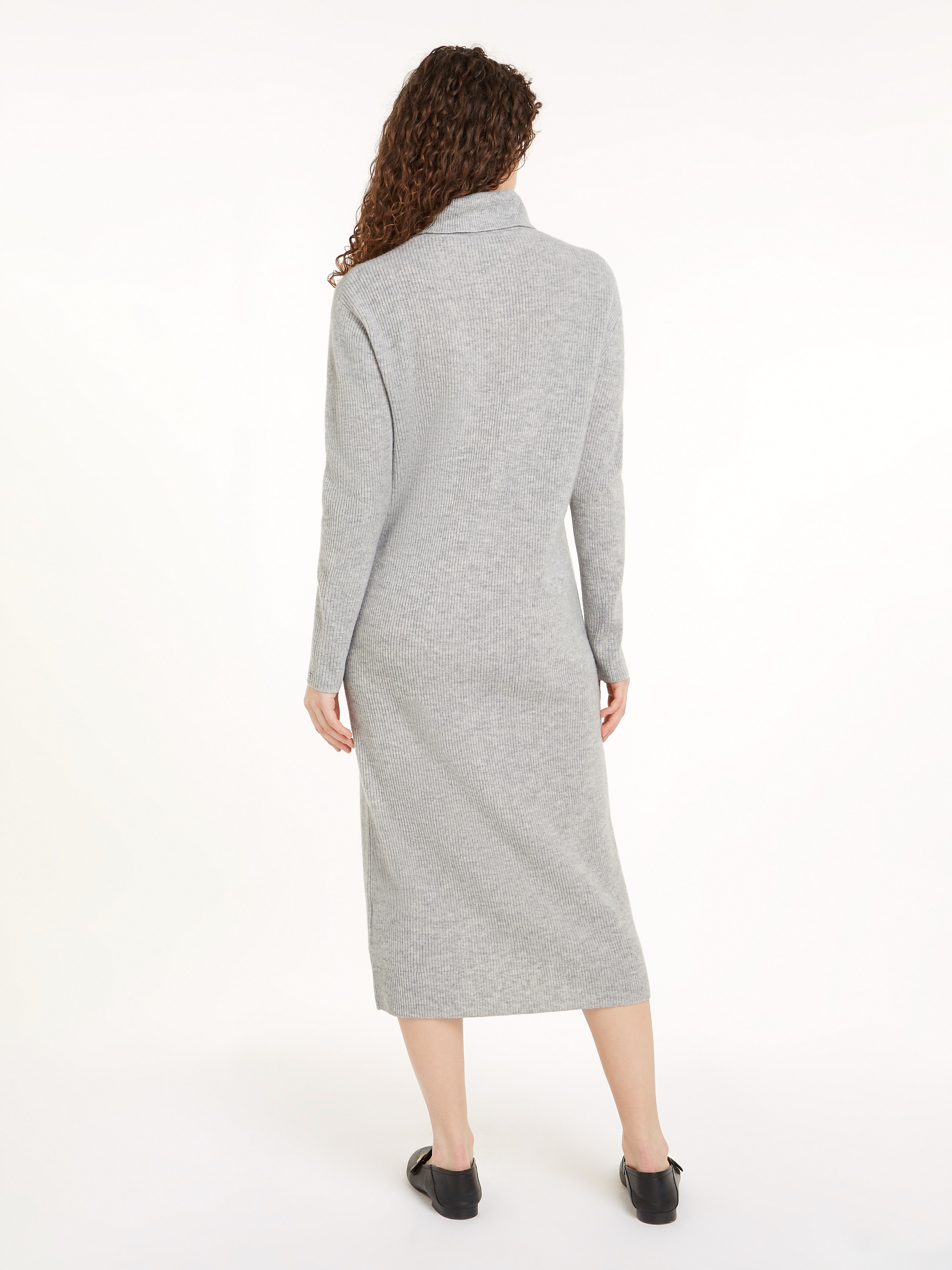 Tommy Hilfiger Strickkleid »WOOL CASH ROLL-NK LONG DRESS«, mit Logostickerei, in Rippoptik