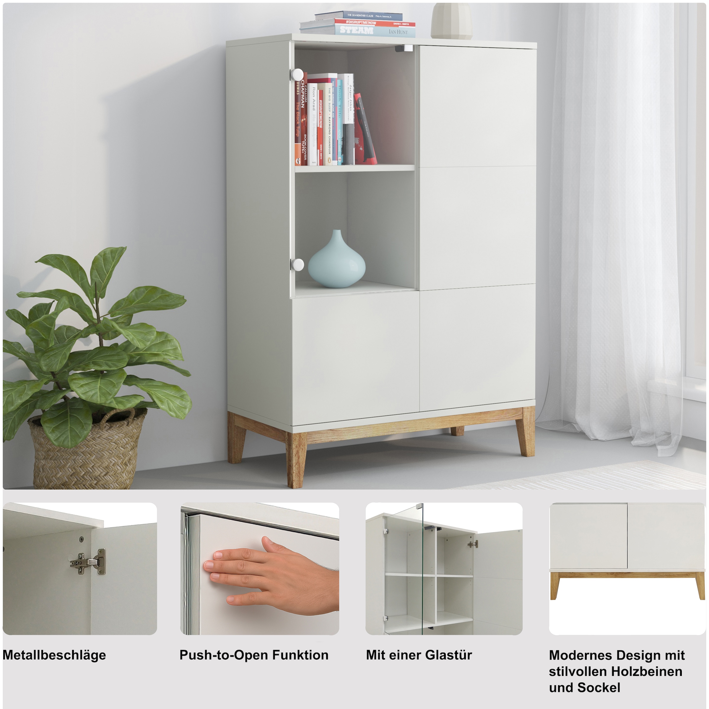 OTTO home Highboard »Maryd« Kommode, Midischrank, m. Glas- u. Holztüren, Einlegeböden, Breite 80cm