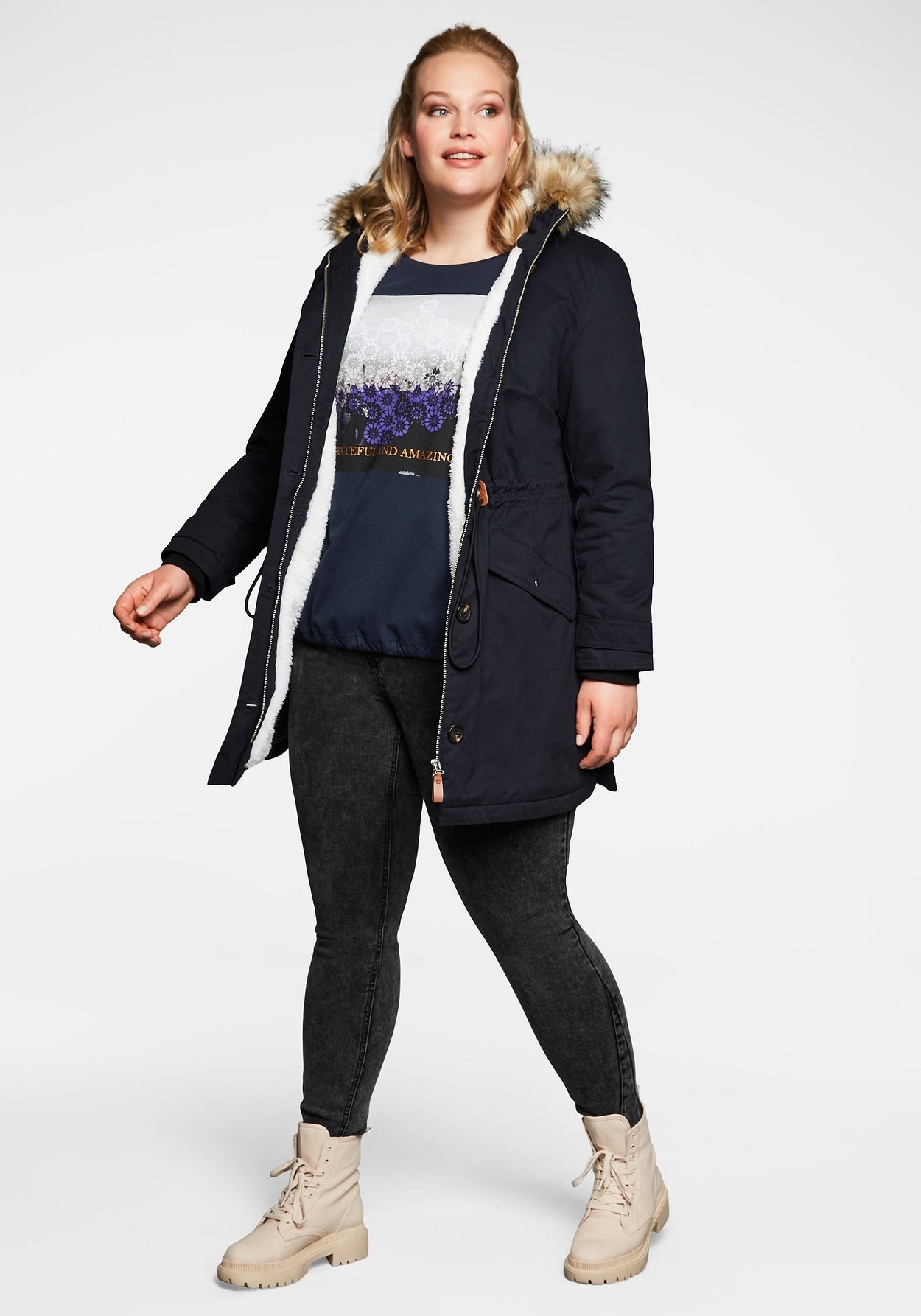 Sheego Parka »Parka aus Baumwolle, mit Teddyfutter«, mit Kapuze, aus Baumwolle, mit Teddyfutter