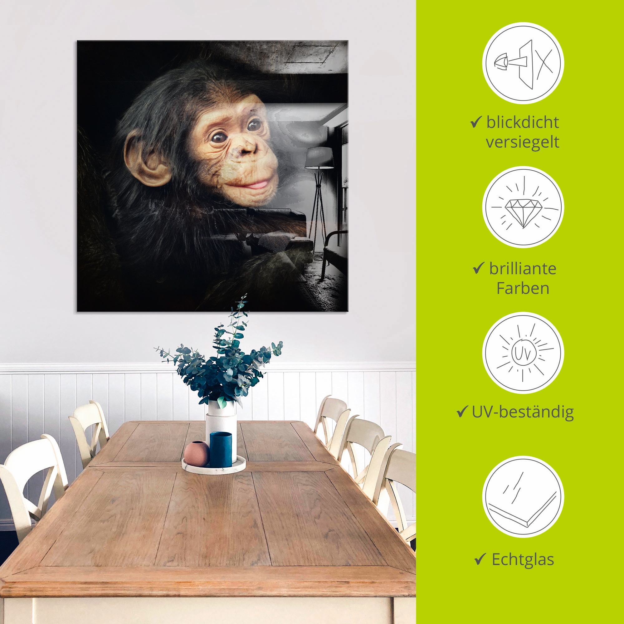 Artland Glasbild »Kleiner Schimpanse«, Wildtiere, (1 St.), in verschiedenen Größen