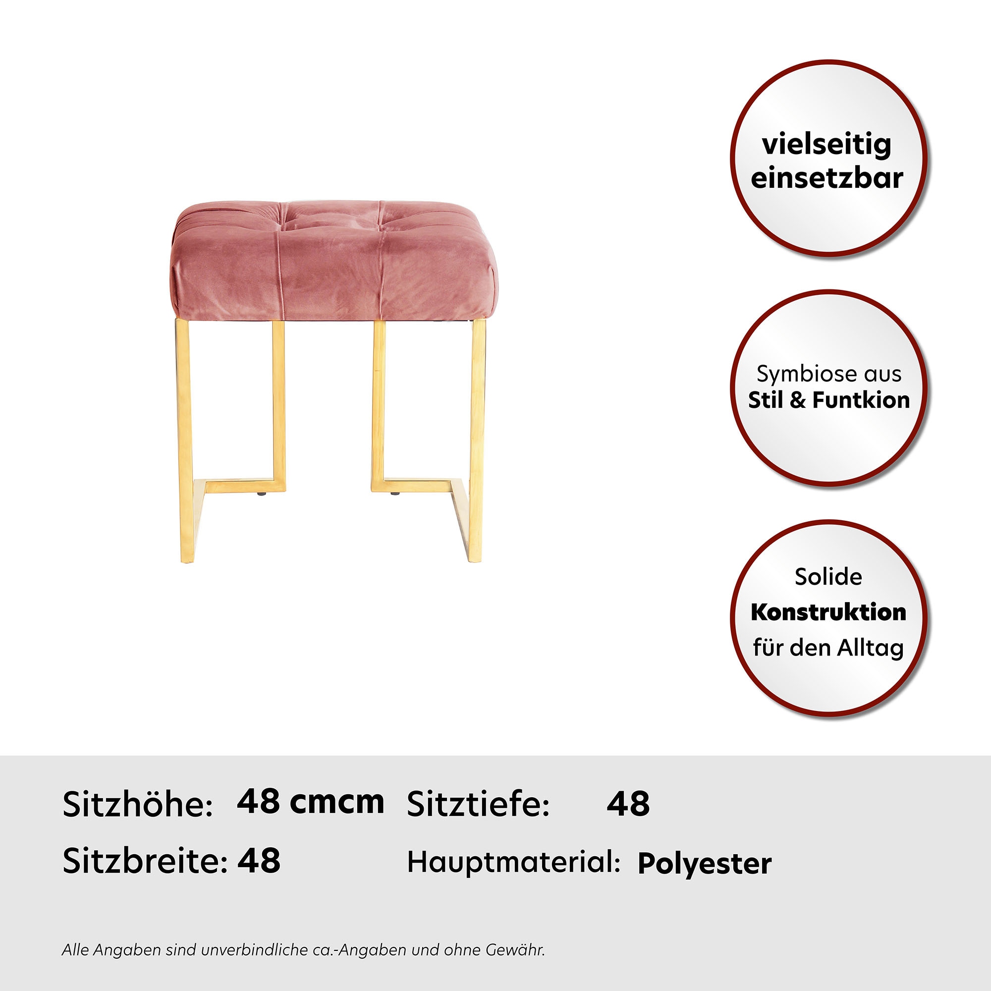 Kayoom Polsterhocker »Hocker Rarity 125, Edler Touch durch goldenes Gestell« 1 Stk. tlg. eckig, samtweich, gesteppt, mit Zierknöpfen, Edelstahlgestell